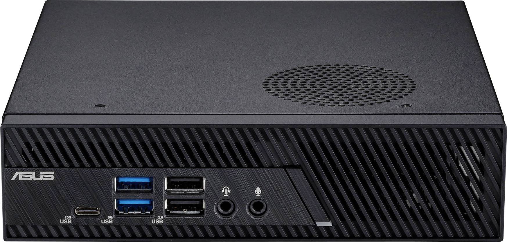 Schwarzer Asus Mini-PC mit mehreren USB-Anschlüssen, Kopfhörer- und Mikrofonanschluss an der Vorderseite. Kompakt und funktional.