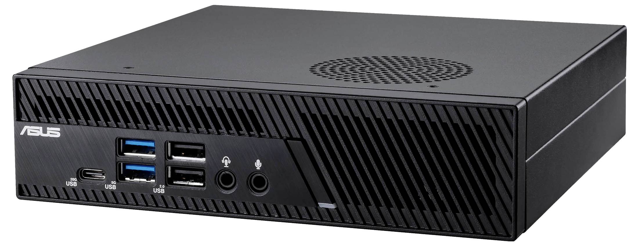 Schwarzer Mini-PC mit Lüftungsschlitzen, mehreren USB-Anschlüssen und Audiobuchsen auf der Vorderseite.