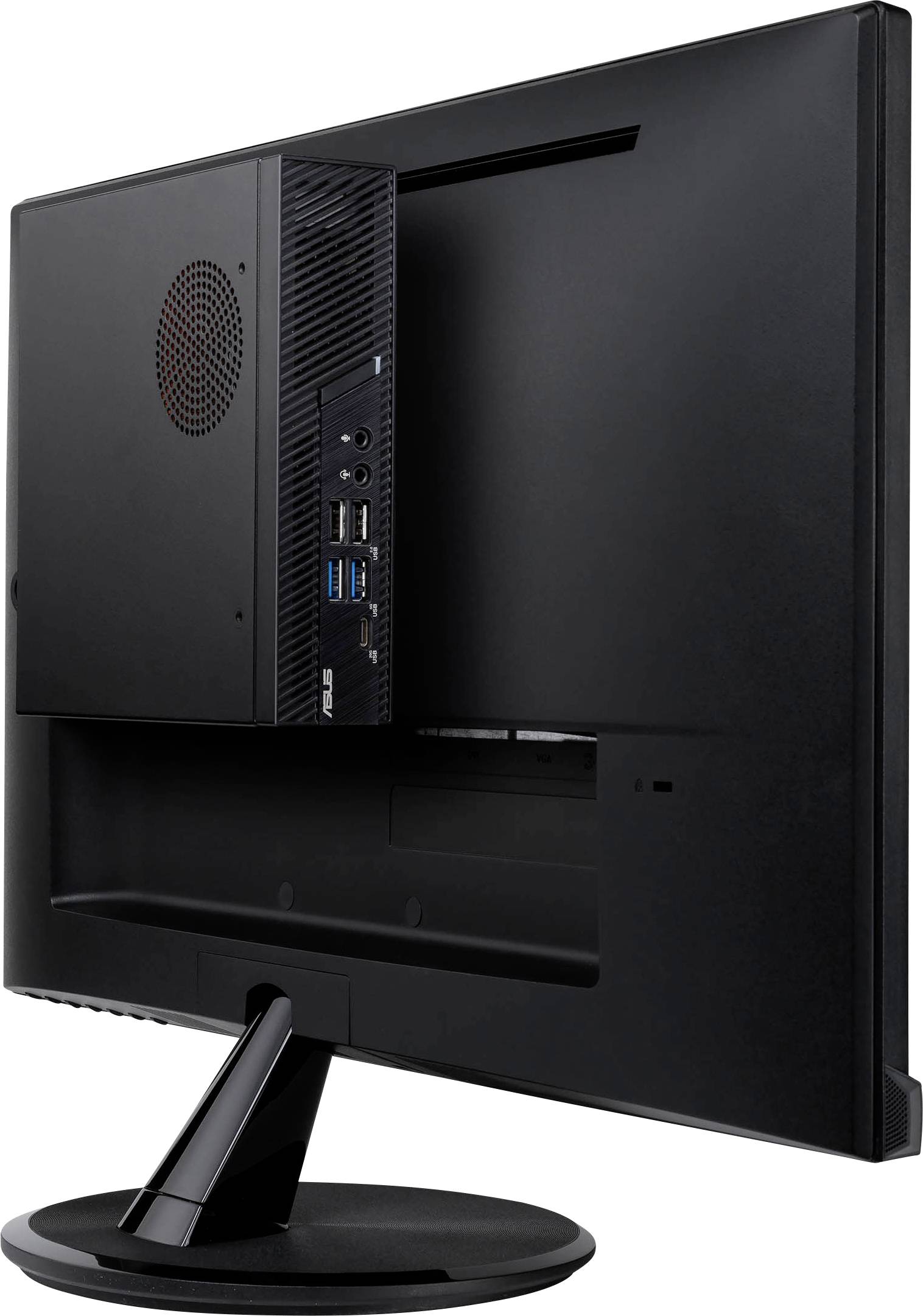 Ein schwarzer Computermonitor mit einem abnehmbaren Mini-PC hinten, der USB- und Audioanschlüsse sowie einen Lüfter zeigt.