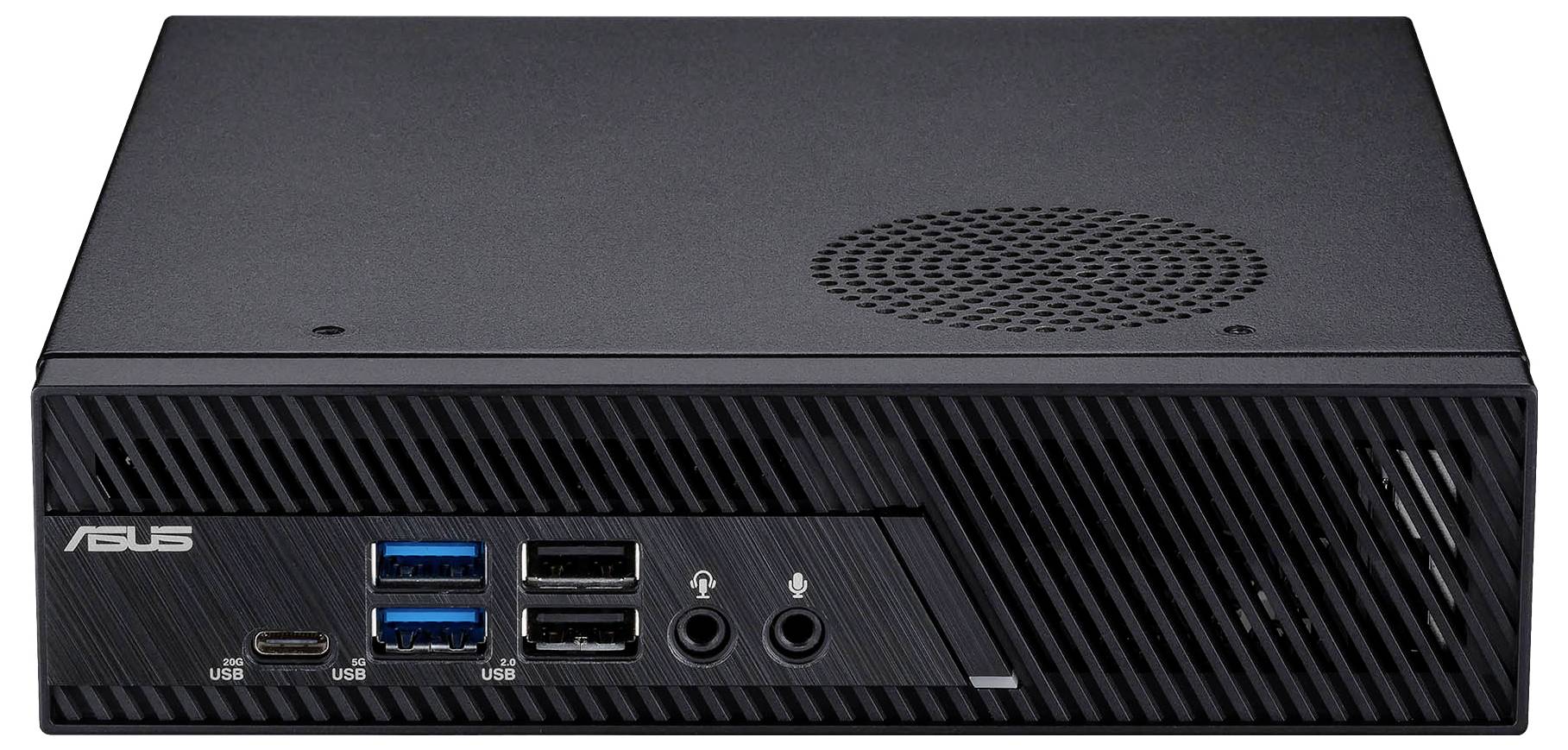 Kleiner schwarzer Mini-PC mit USB-Anschlüssen, Kopfhörerbuchse und Lüftungsgitter.