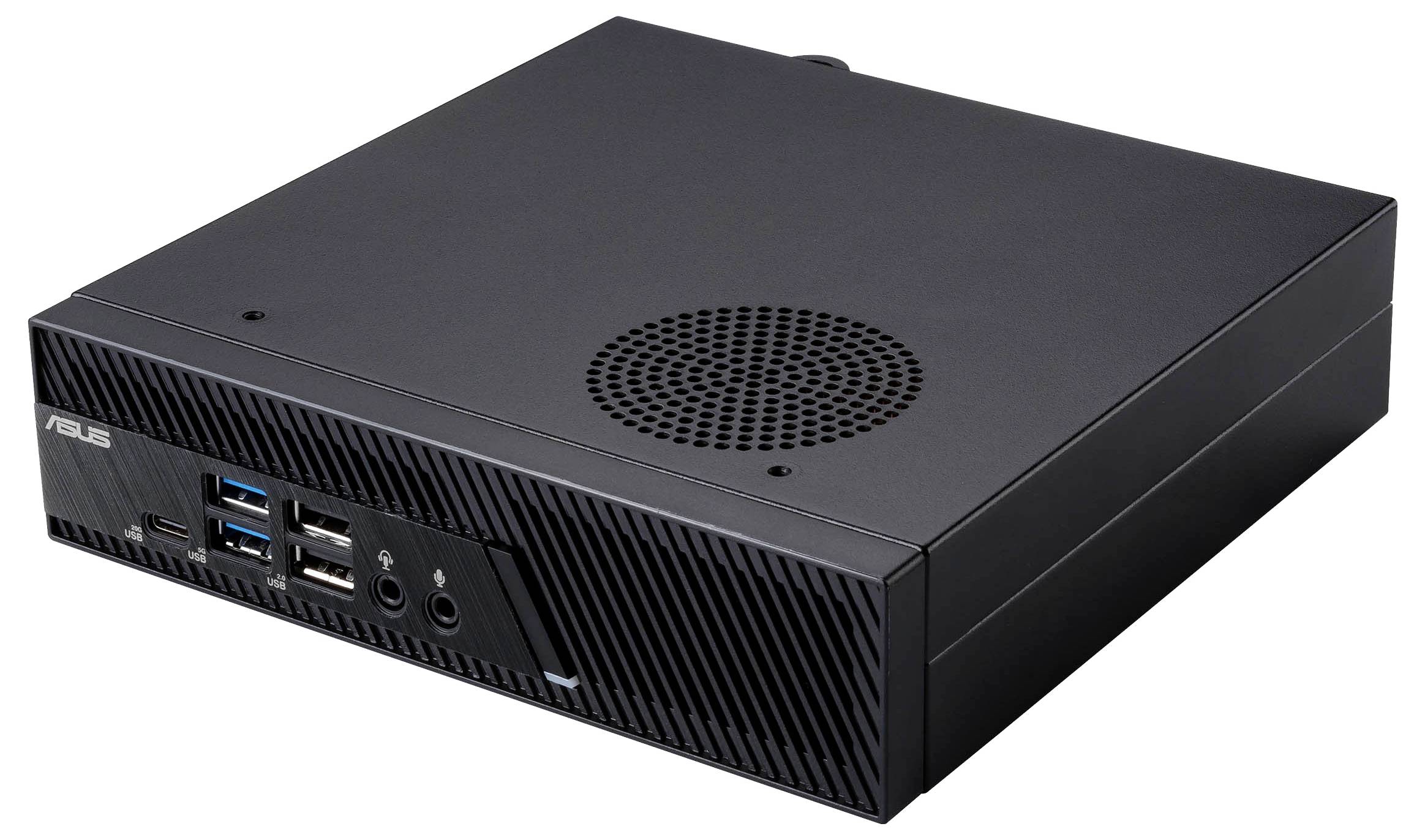 Schwarzer Mini-Desktop-PC von ASUS mit mehreren USB-Anschlüssen, Audioanschluss und Lüftungsgitter auf der Oberseite.