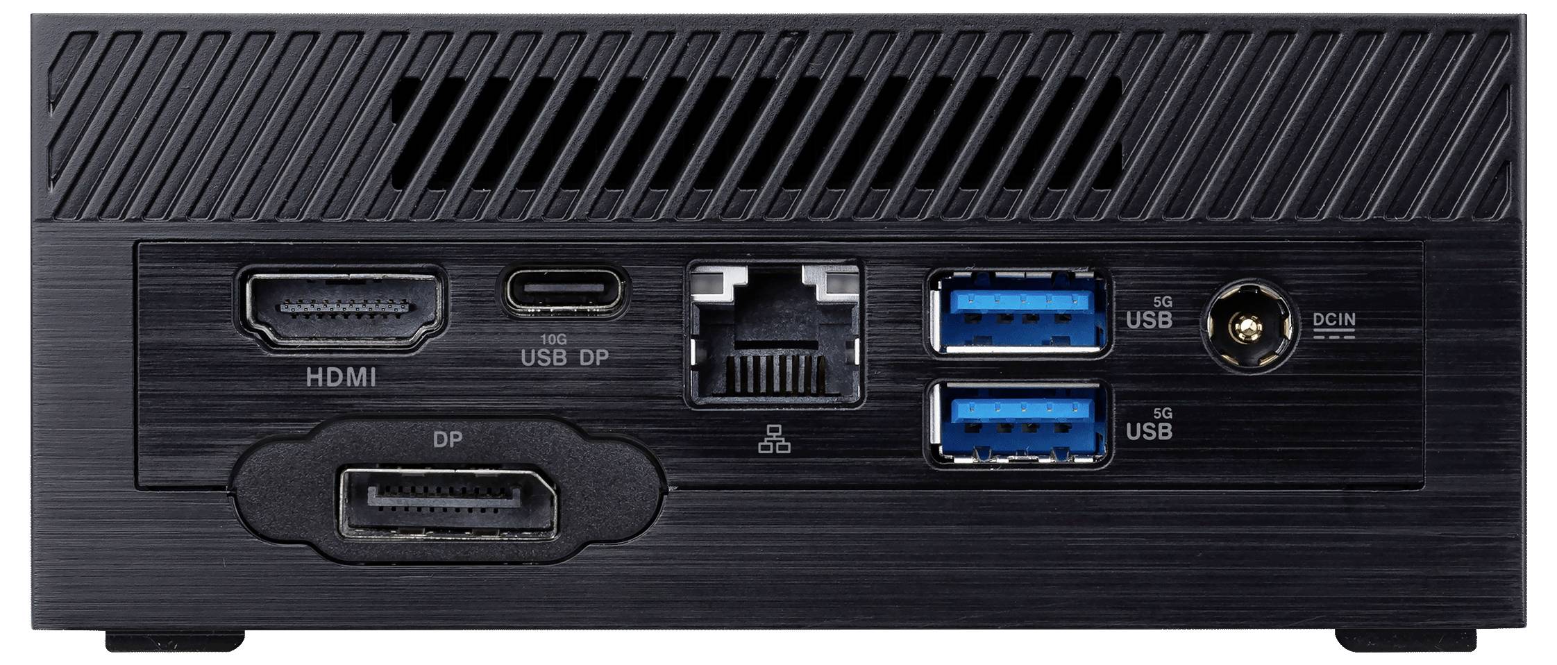 Die Rückseite eines Mini-PCs mit Anschlüssen: HDMI, USB-C DisplayPort, Ethernet, zwei USB 3.0-Anschlüsse und Stromanschluss.