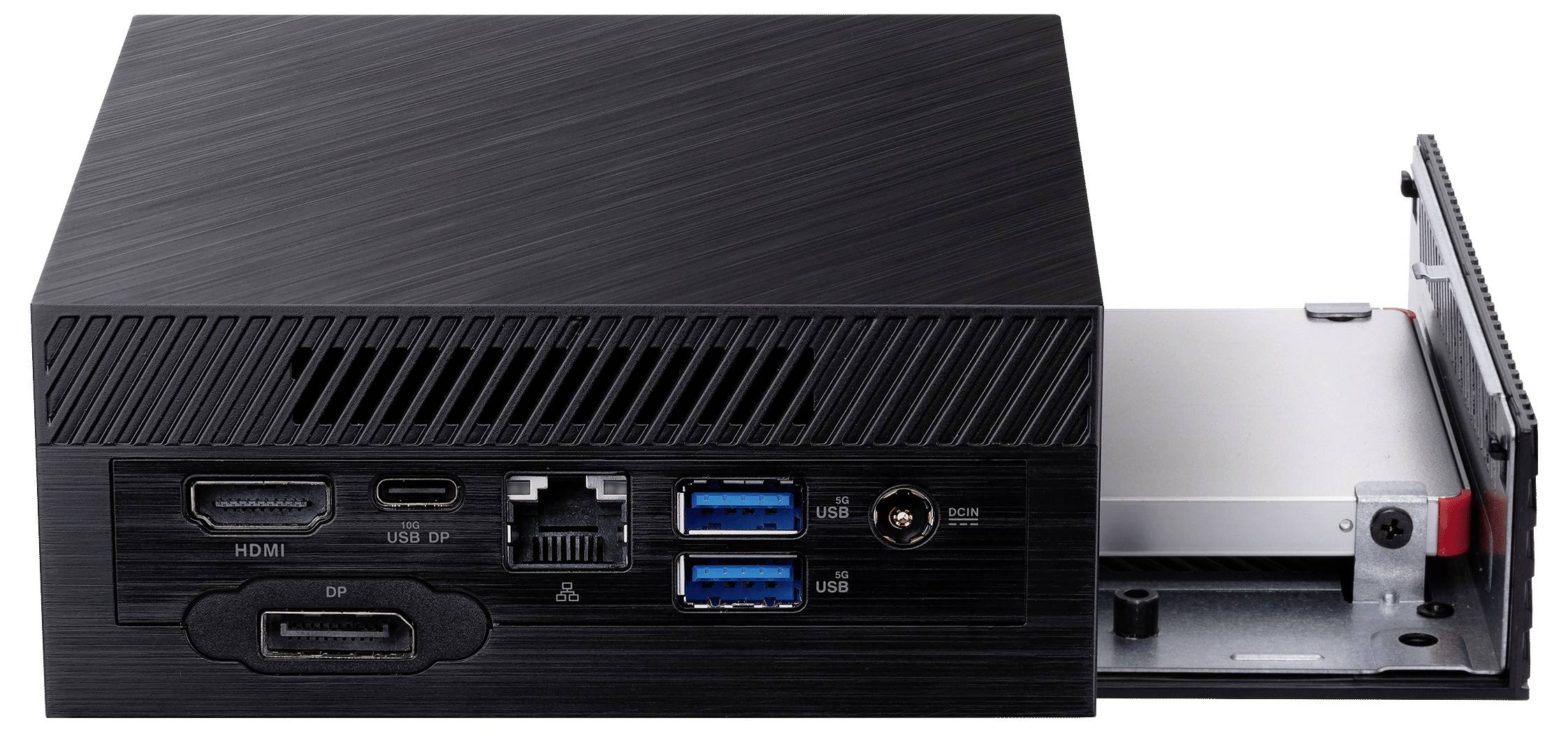 Kleiner schwarzer Computer mit mehreren Anschlüssen, darunter HDMI und USB, sowie einem offenen Schacht für eine interne Festplatte.