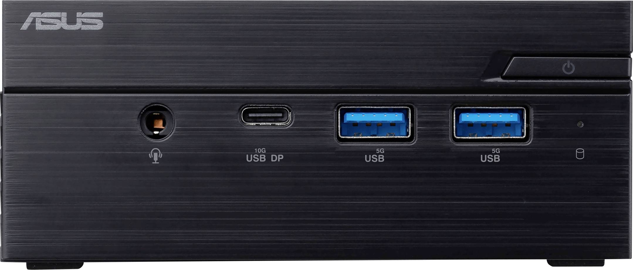 Ein kompaktes schwarzes elektronisches Gerät mit Frontplatte, versehen mit der Markenbezeichnung 'ASUS', das einen Einschaltknopf, einen Kopfhöreranschluss, einen USB-C-Anschluss und zwei USB-Ports aufweist.