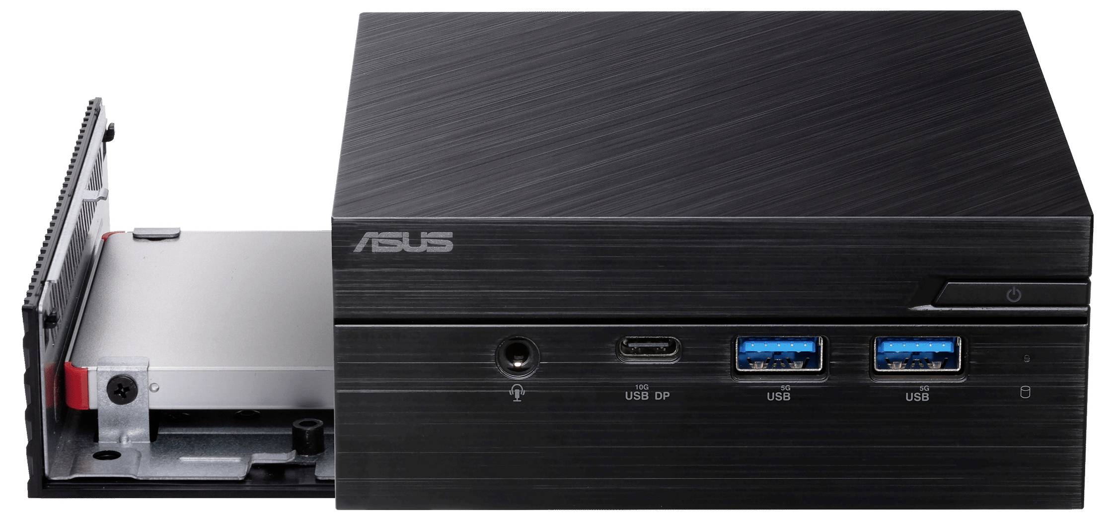 Ein kompakter schwarzer ASUS-Desktop mit Anschlüssen und einer teilweise aus dem Schacht herausgefahrenen Festplatte, die Konnektivitätsoptionen präsentiert.