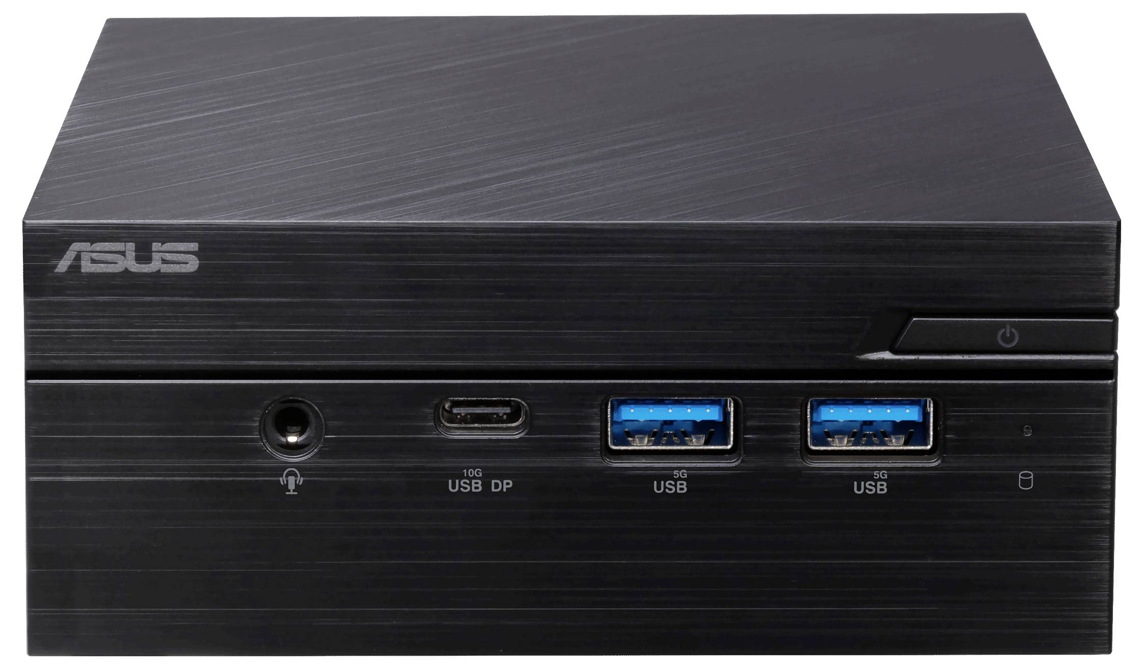 Ein kompakter schwarzer ASUS Mini-PC mit einem Powerknopf, Kopfhörerbuchse, USB Typ-C und zwei USB-Anschlüssen, die auf dem Frontpanel sichtbar sind.