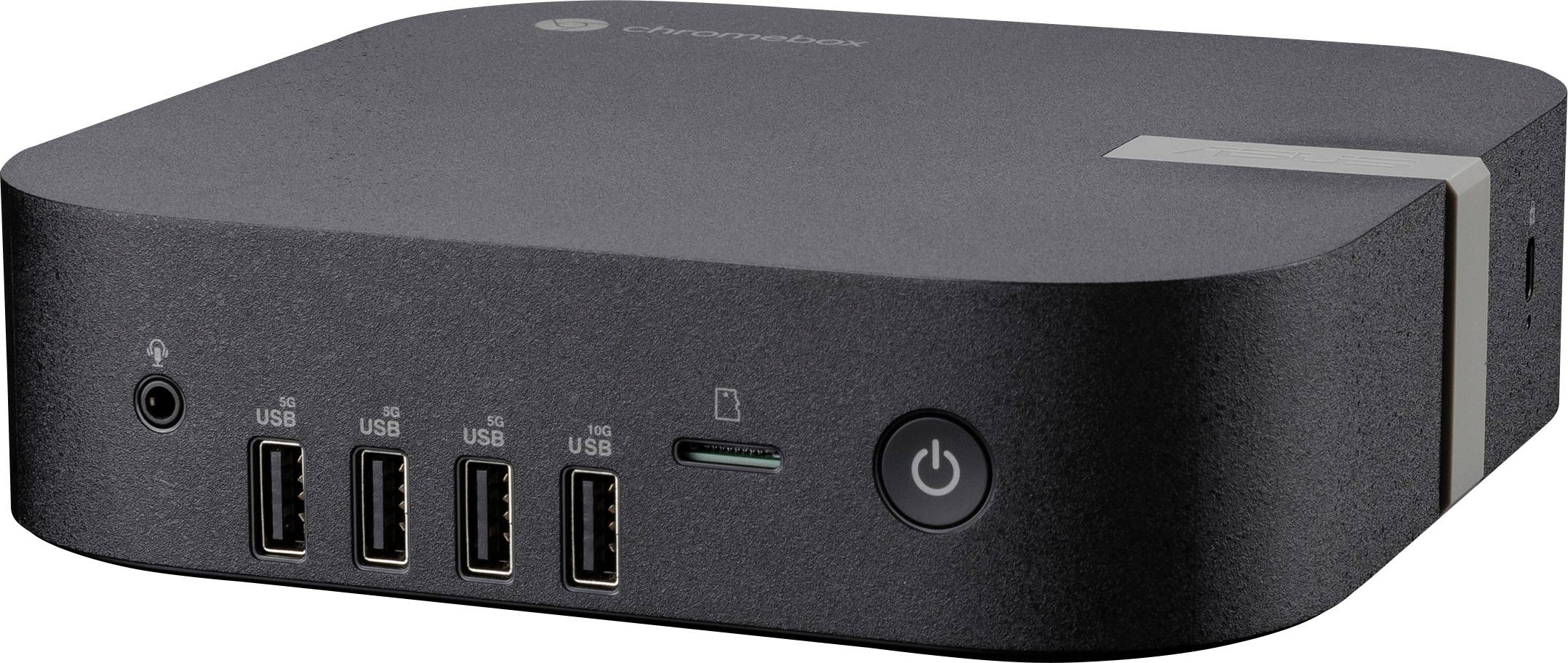 Schwarzer Computer-Hub mit vier USB-Anschlüssen, SD-Kartensteckplatz, Kopfhöreranschluss und Ein-/Ausschalter auf der Vorderseite.