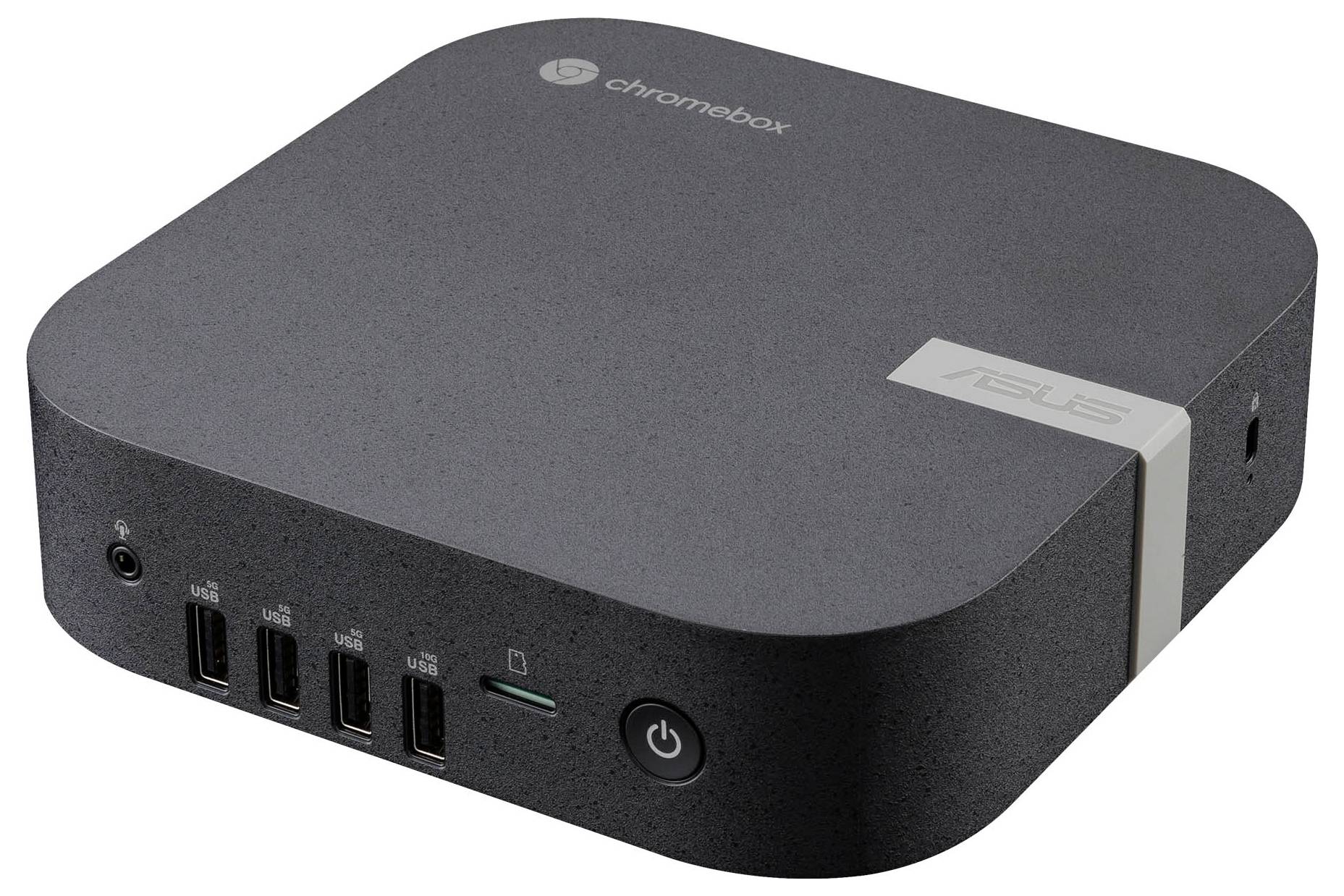 Ein schwarzer Asus Chromebox-Computer mit mehreren USB-Anschlüssen und einem Netzschalter auf der Vorderseite.