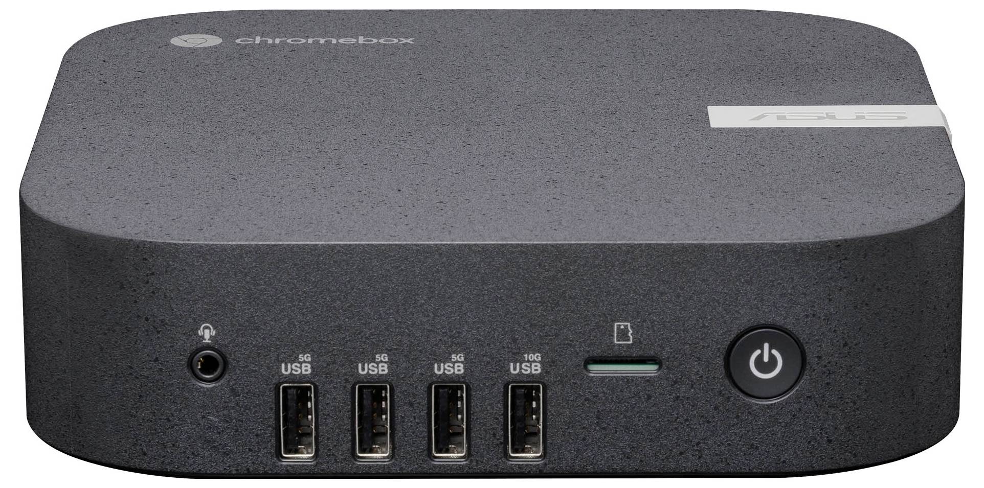 Ein grauer Chromebox-Computer mit mehreren USB-Anschlüssen und einer Kopfhörerbuchse auf der Vorderseite.
