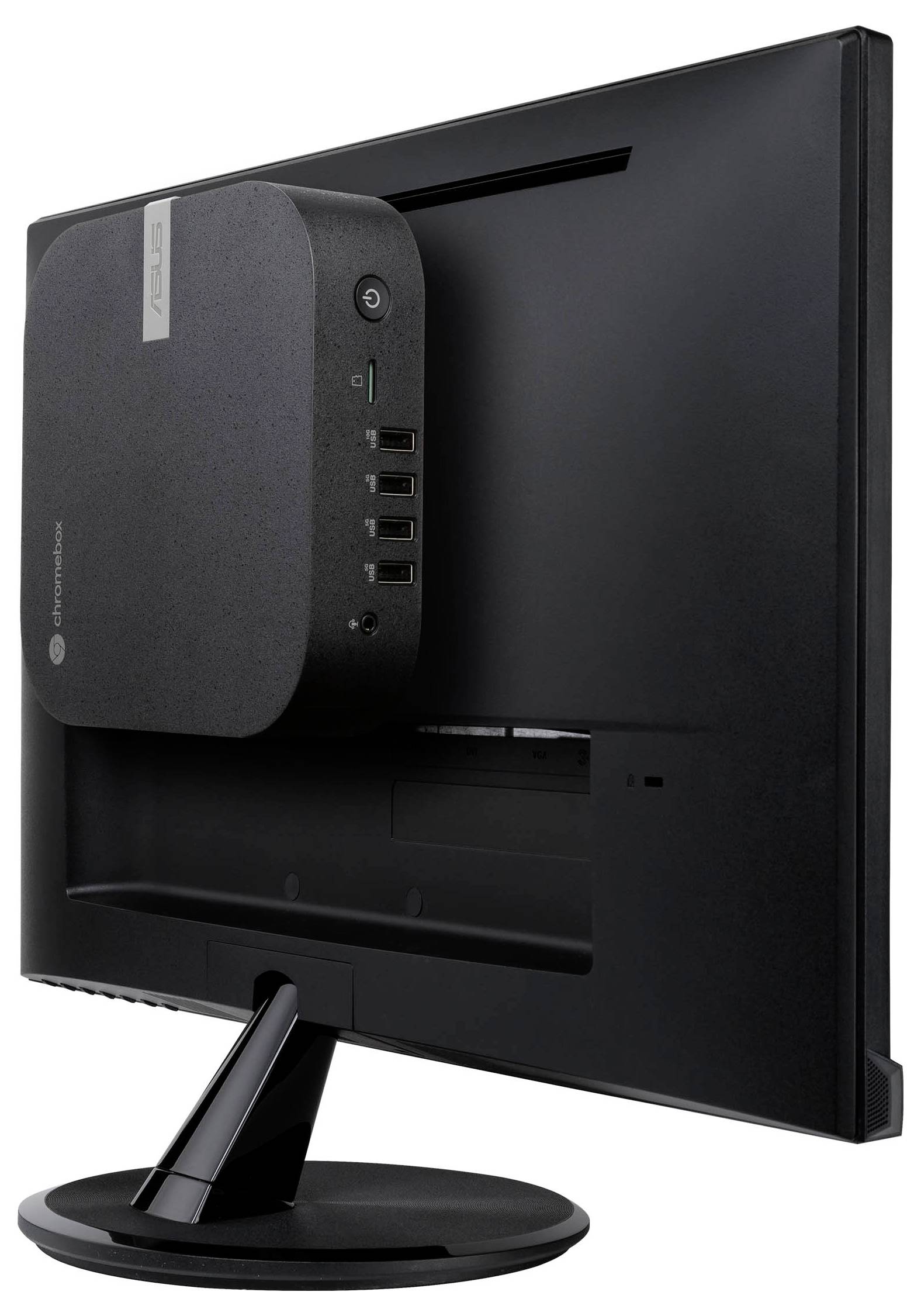 Rückansicht eines schwarzen Monitors mit einem kleinen, rechteckigen Computer an der Rückseite befestigt.