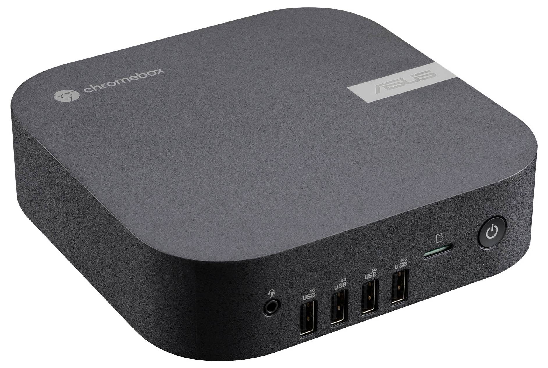 Ein grauer Chromebox-Computer von ASUS mit mehreren USB-Anschlüssen auf der Vorderseite und einem Einschaltknopf rechts.
