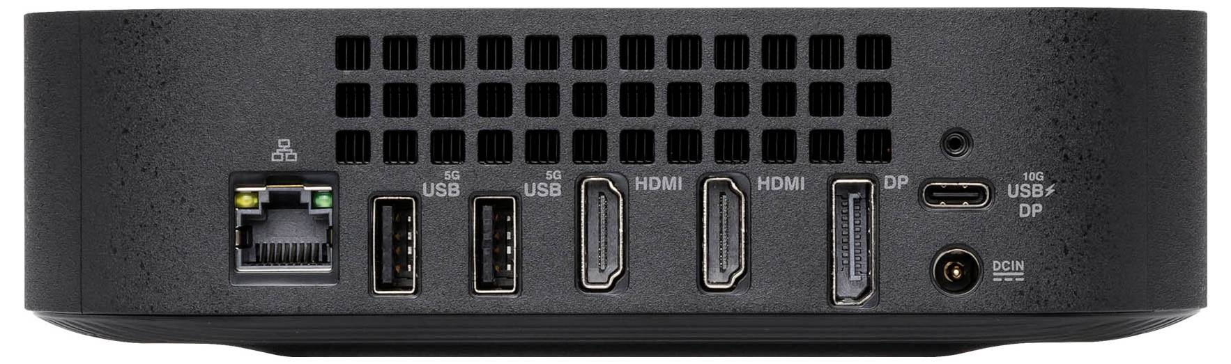 Rückseite eines Computers mit verschiedenen Anschlüssen: Ethernet, drei USB, zwei HDMI, DisplayPort, und Stromanschluss.