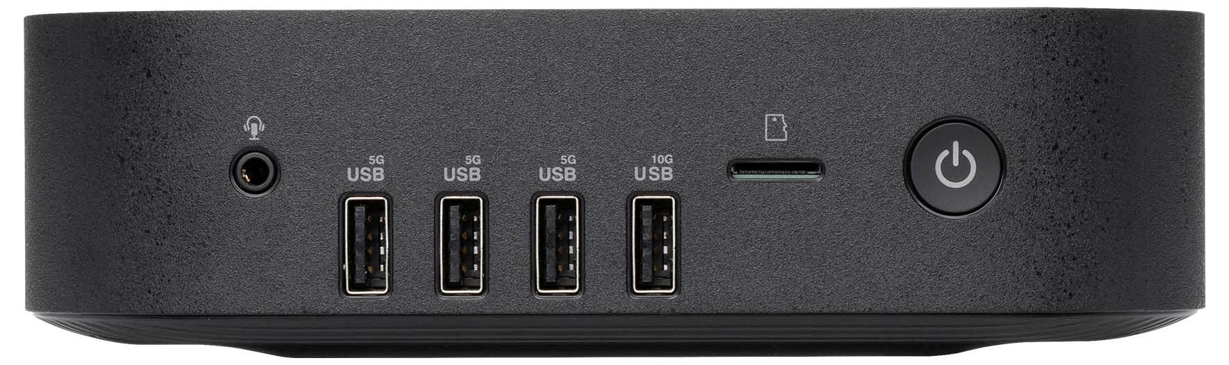 Ein schwarzer Mini-PC von vorne mit einem Kopfhöreranschluss, vier USB-Ports, einem SD-Kartensteckplatz und einem Netzschalter.