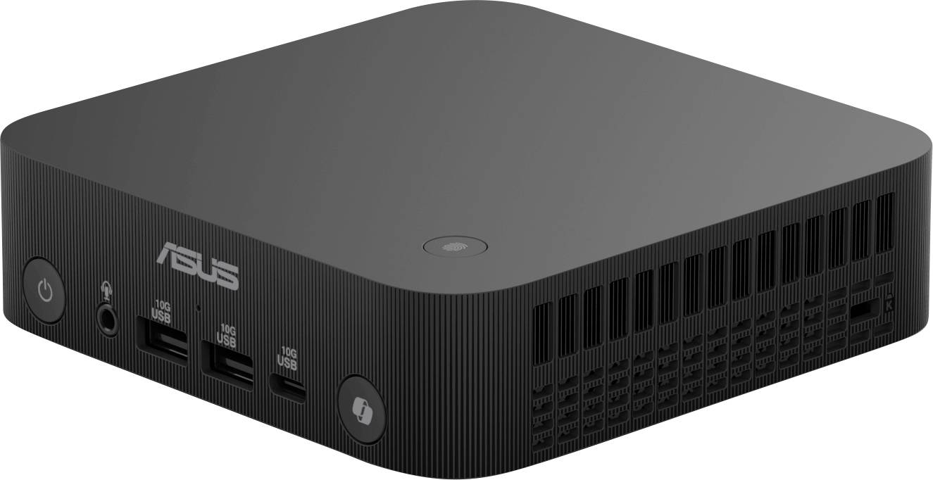 Ein schwarzer Mini-PC von Asus mit drei USB-Anschlüssen und einem Audiostecker an der Vorderseite. Markenschriftzug links oben.