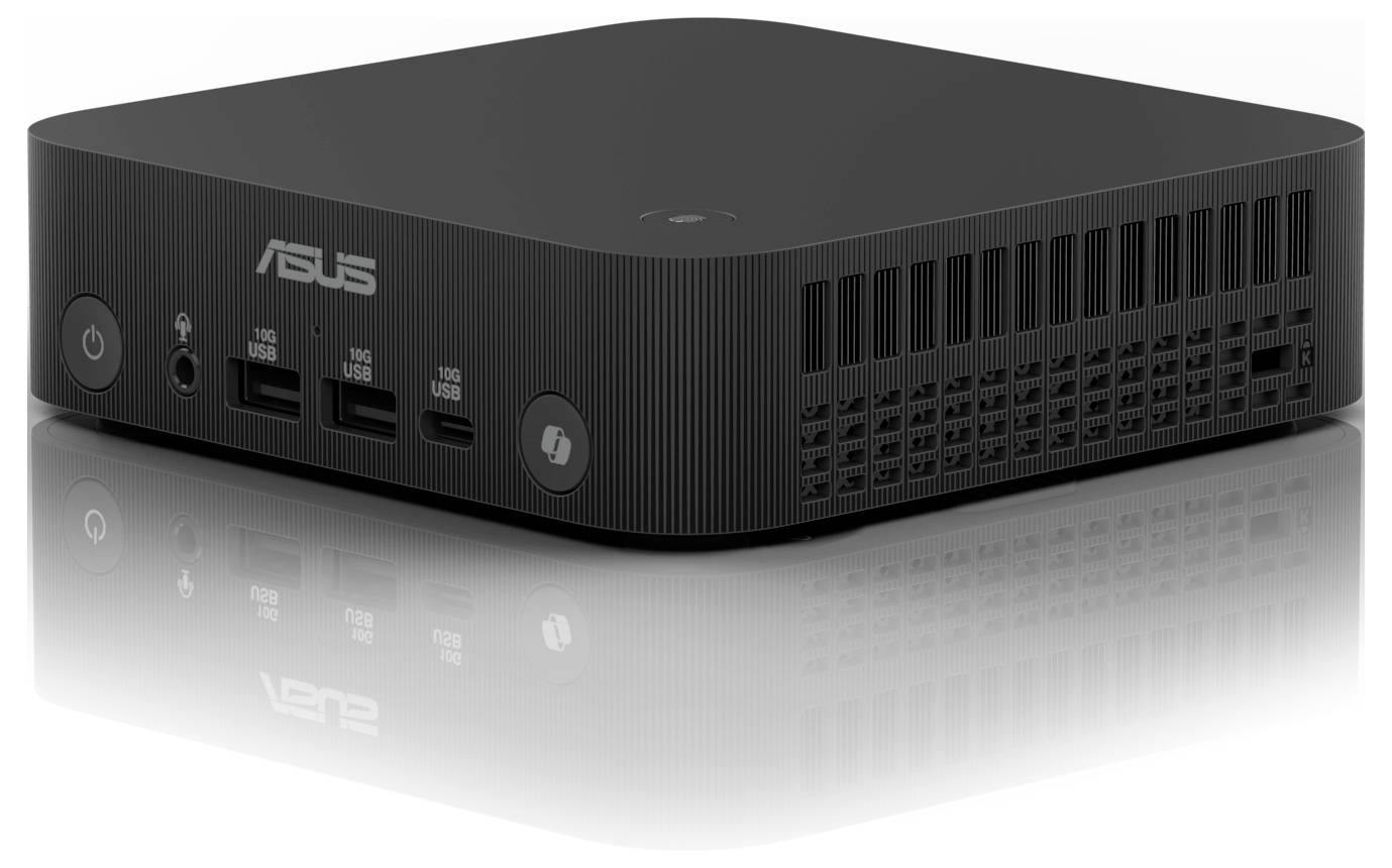 Ein schwarzer Mini-PC mit dem Brand 'ASUS', Frontansicht mit mehreren USB-Anschlüssen und Lüftungsschlitzen auf der Seite.
