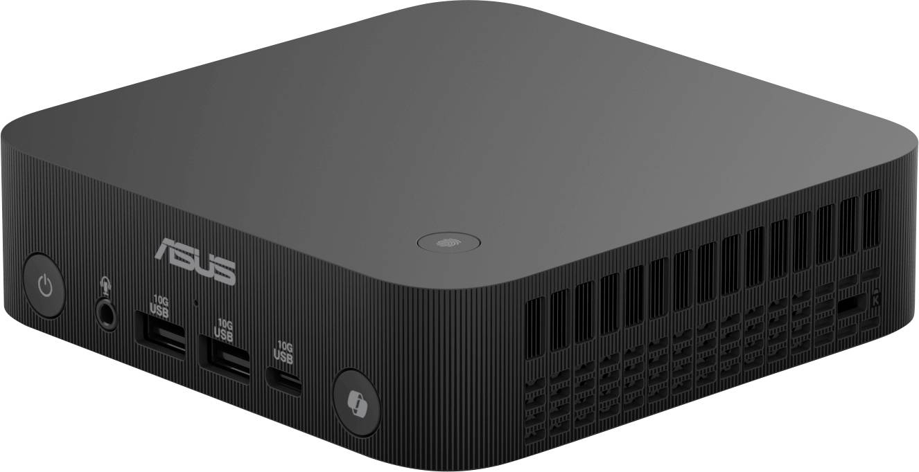 Ein schwarzer ASUS Mini-PC mit mehreren USB-Anschlüssen auf der Vorderseite, geeignet für Büro- oder Heimgebrauch.
