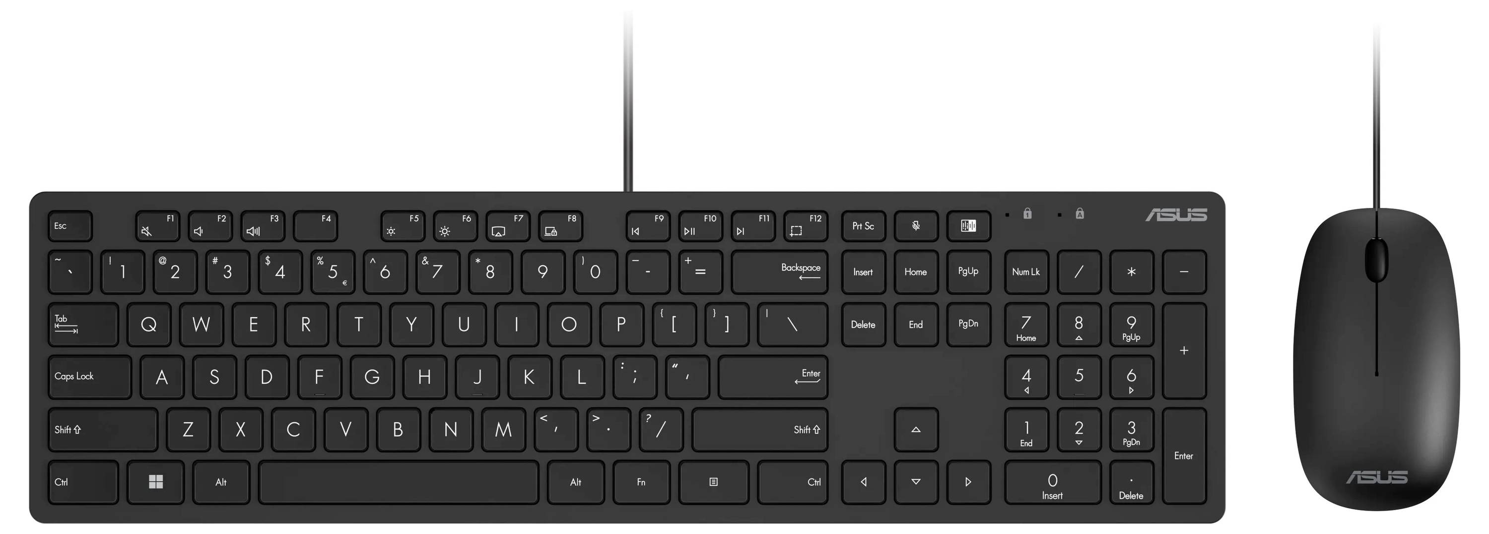 Schwarze kabelgebundene Computer-Tastatur mit Nummernblock, Funktionstasten und einer passenden kabelgebundenen Maus rechts davon. Das Markenlogo ist sichtbar.