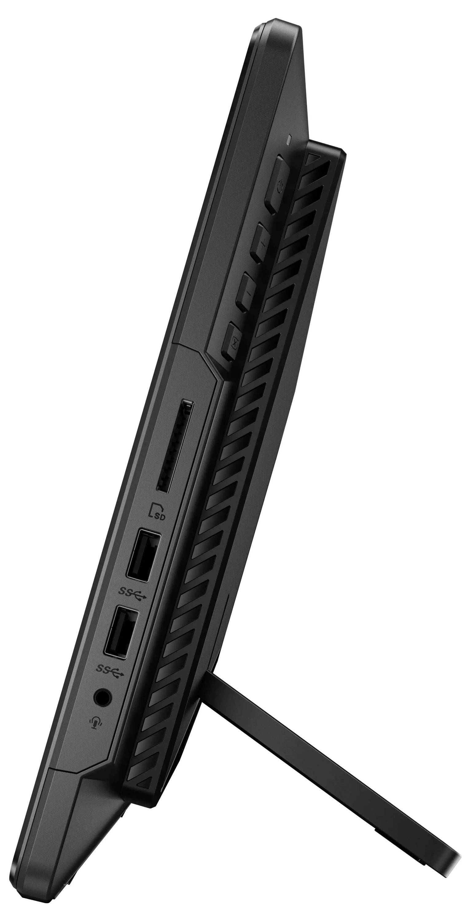 Seitenansicht eines schwarzen All-in-One-Computers, der Anschlüsse, Tasten und einen Standfuß zur Unterstützung zeigt.