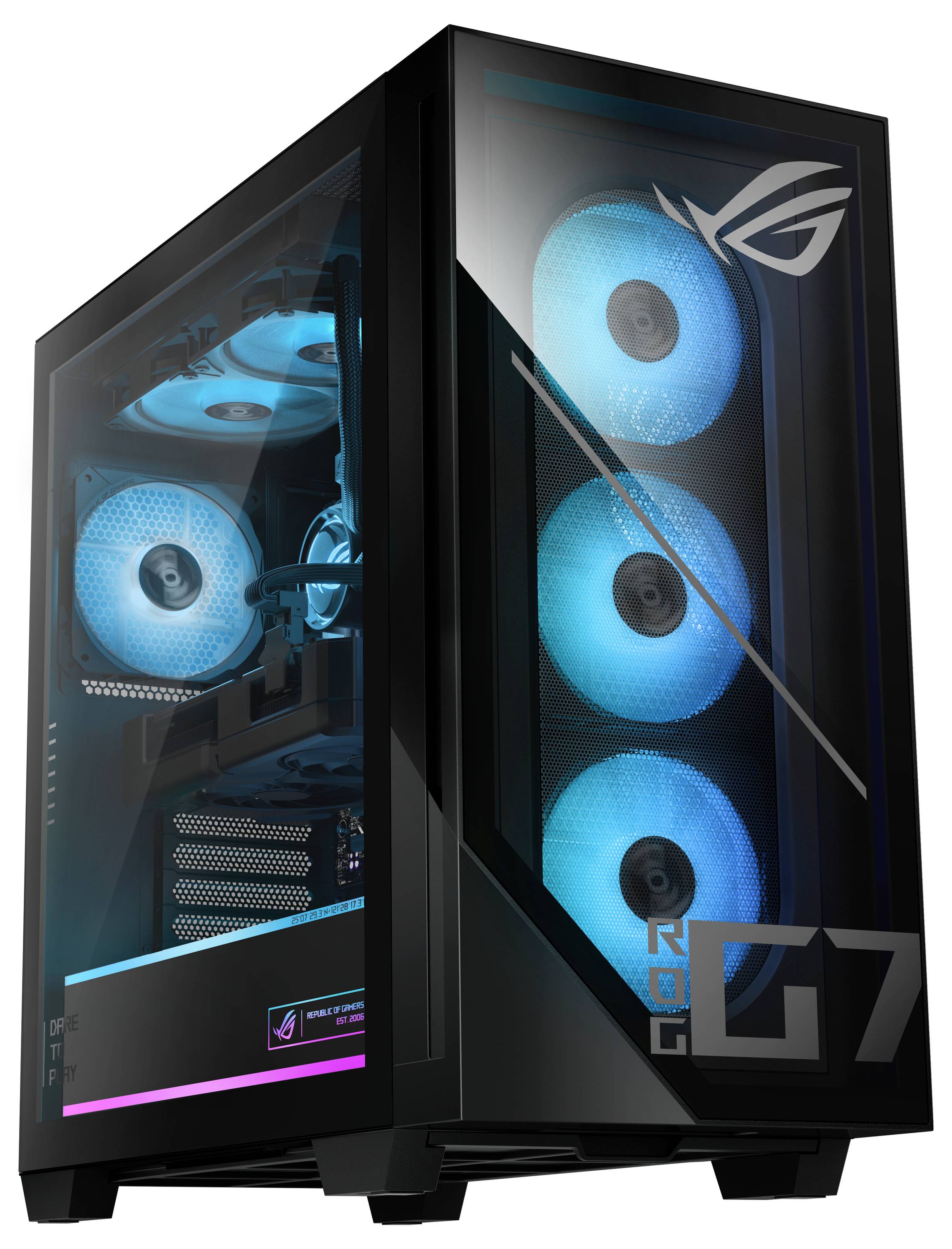 Ein Gaming-Desktop-Tower mit RGB-beleuchteten Lüftern in einem transparenten Gehäuse, mit einem Logo und der Aufschrift ‚G7' auf der Frontplatte.