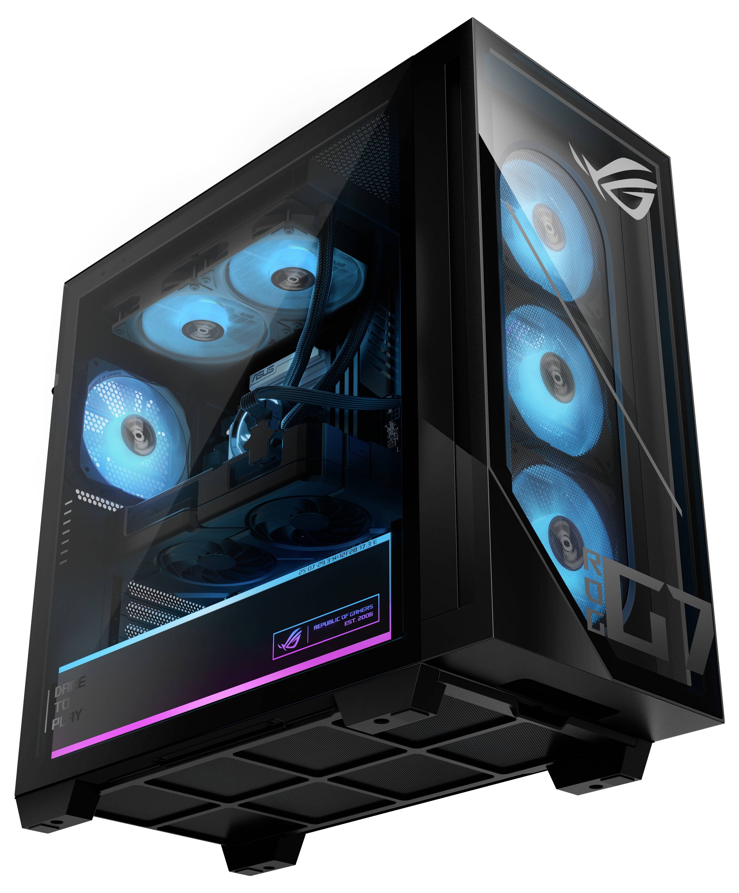 Ein Gaming-PC mit einem transparenten Seitenpanel, das blau beleuchtete Lüfter und interne Komponenten zeigt. Das 'ROG'-Logo ist auf dem Gehäuse sichtbar.