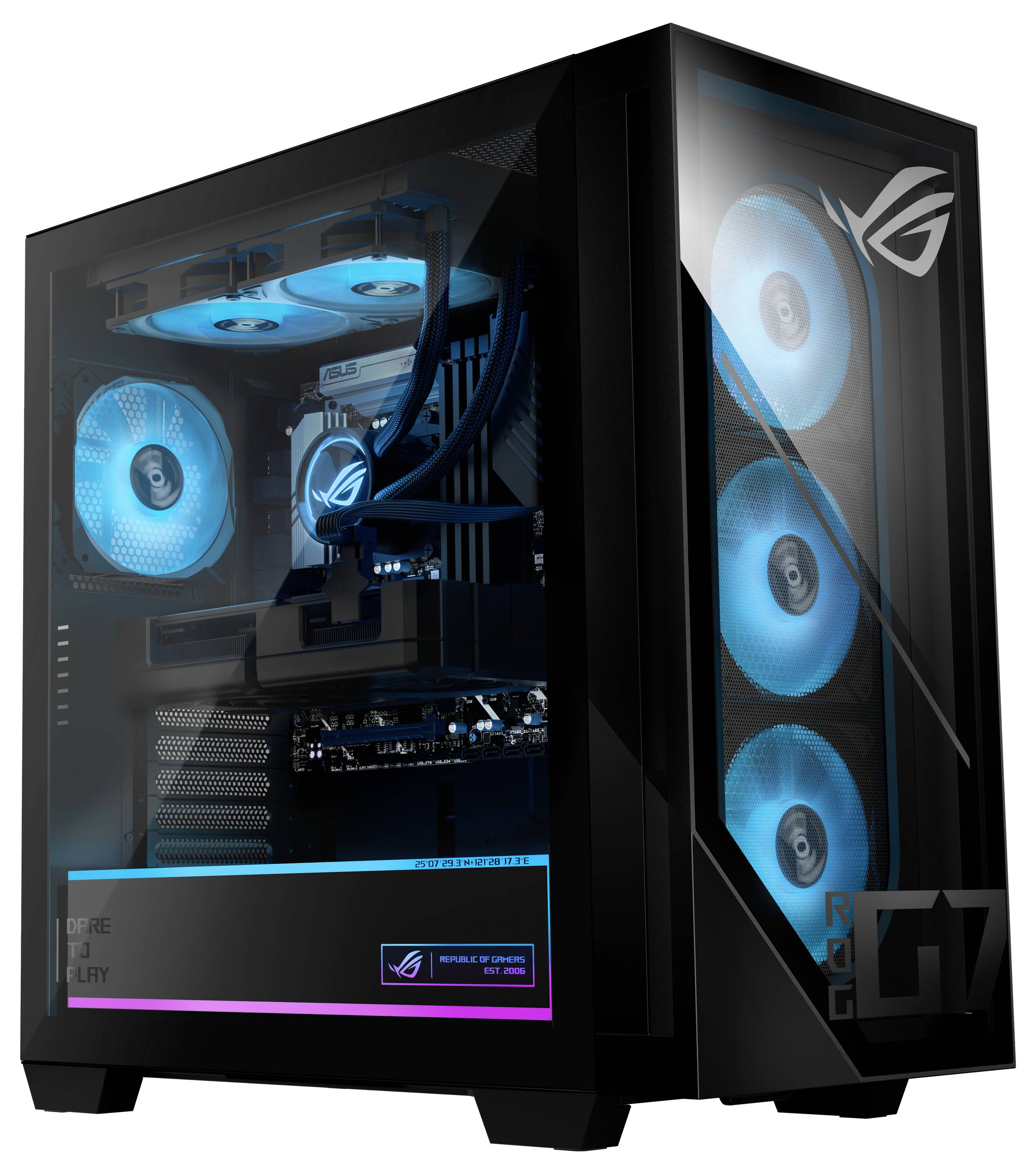 Ein schwarzer Gaming-Desktop-PC mit lebhaft blauen LED-Kühlventilatoren ist beleuchtet. Das Seitenpanel gibt Einblick in die interne Hardwarekonfiguration.