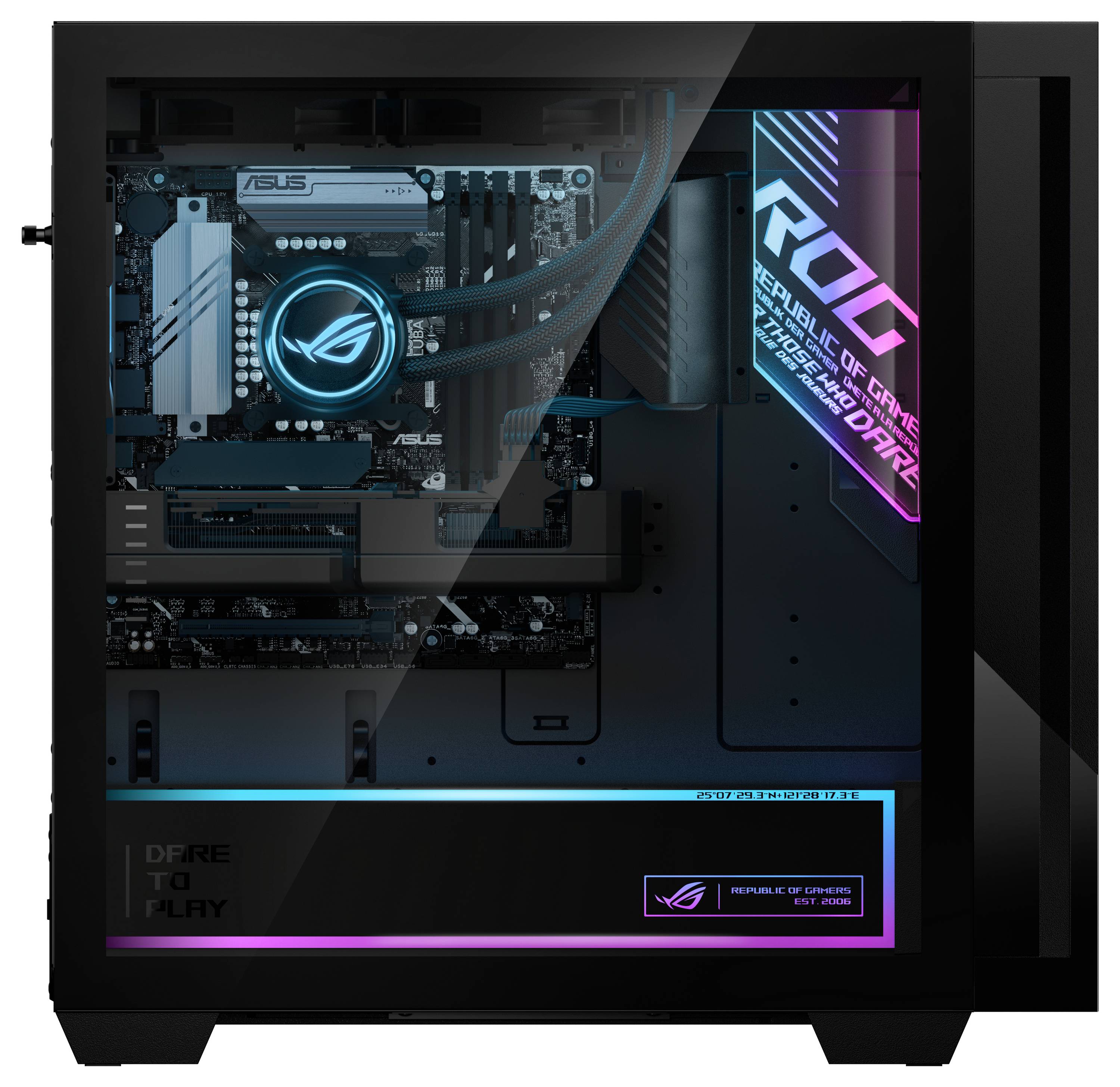 Ein transparenter Gaming-PC, der seine Innenkomponenten präsentiert, mit einem beleuchteten Republic of Gamers (ROG) Logo und Motherboard.