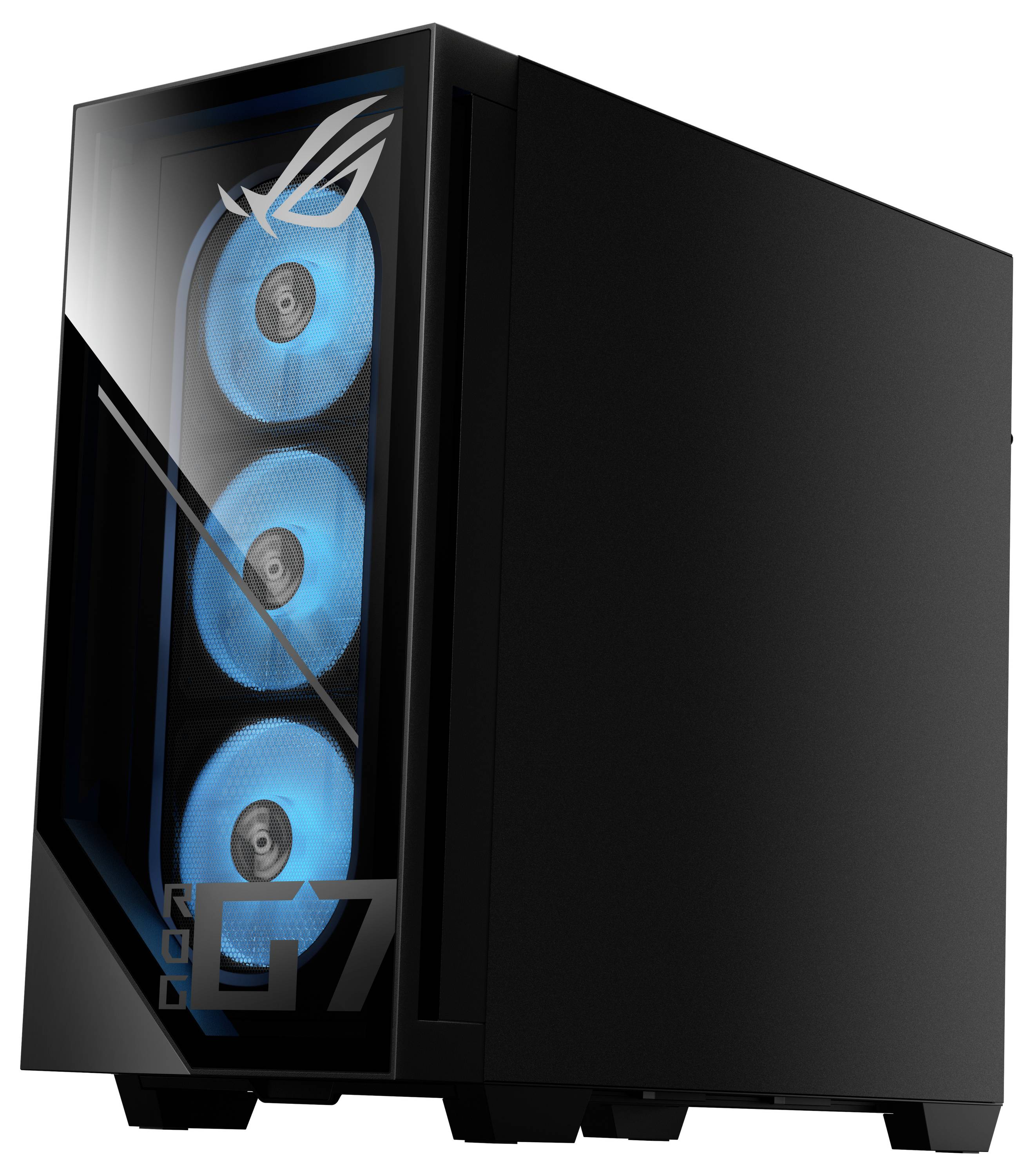 Ein schwarzer Computer-Tower mit drei sichtbaren, blau beleuchteten Kühlventilatoren hinter einem transparenten Frontpanel mit dem ROG-Logo an der Seite.