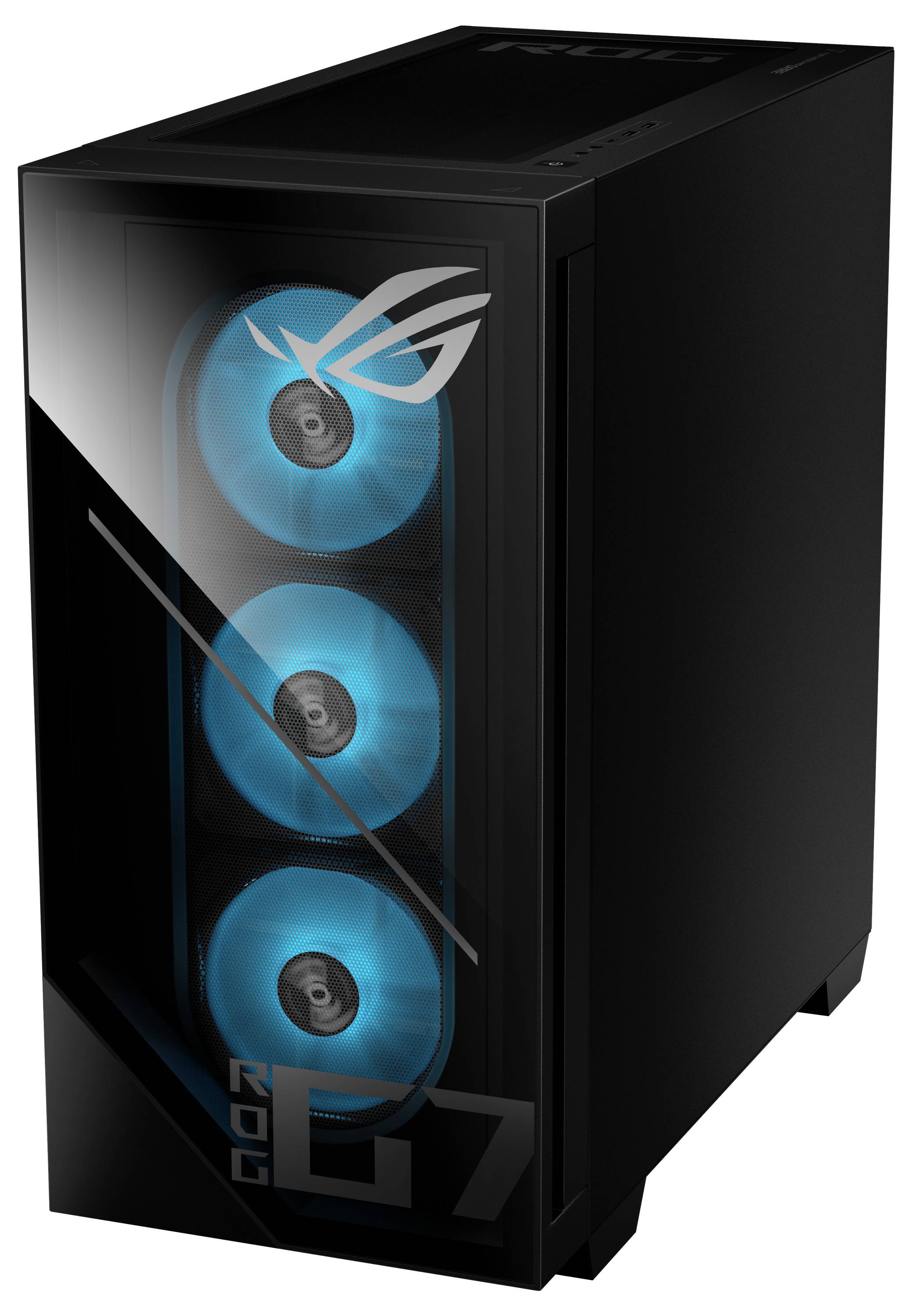 Ein schwarzer Gaming-Computer-Tower mit drei leuchtend blauen Lüftern, die auf dem Frontpanel sichtbar sind, mit einem silbernen 