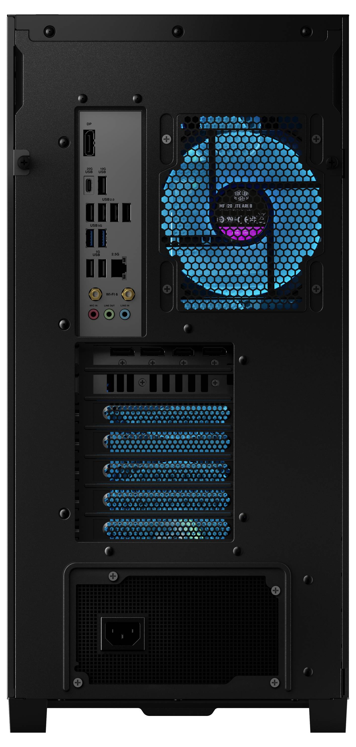 Rückansicht eines schwarzen Computergehäuses mit mehreren Anschlüssen, darunter USB, HDMI und Ethernet, sowie einem Heckventilator mit blauer Beleuchtung.