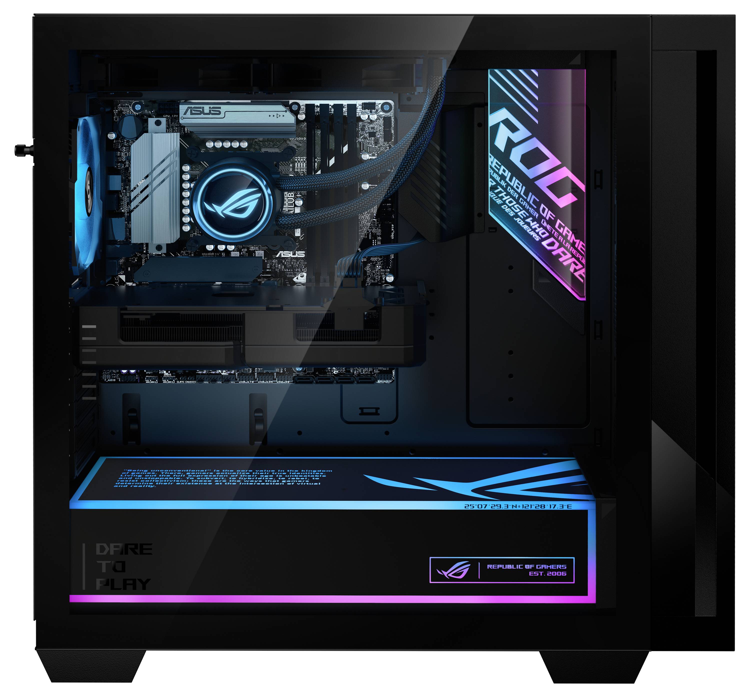 Ein individueller Gaming-Computer-Tower mit transparentem Panel zeigt ein ASUS-Mainboard, eine ROG-Grafikkarte und RGB-Beleuchtung.