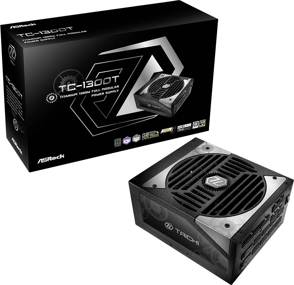 Schwarzes, vollständig modulares ASRock-Netzteil TC-1300T mit großer Lüfteröffnung, präsentiert neben seiner Verpackung.