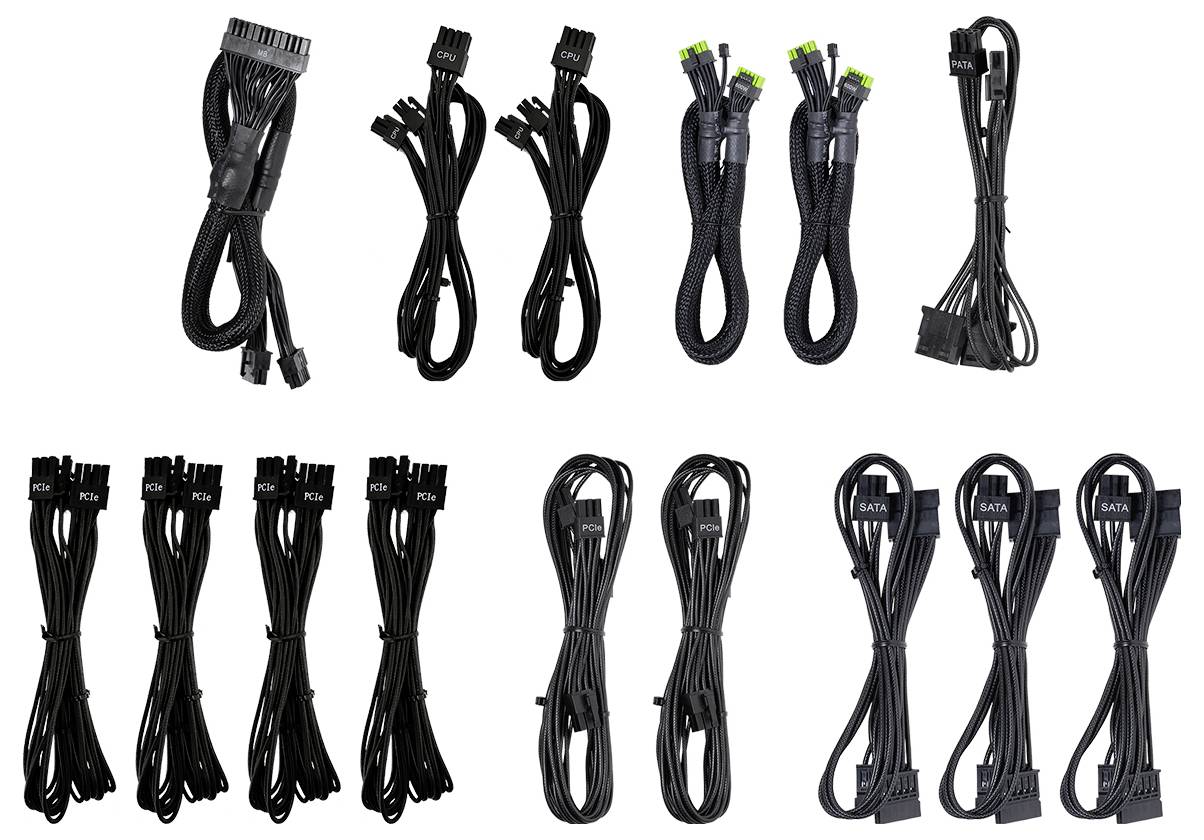 Verschiedene schwarze Computerkabel und Adapter in einer Reihe auf weißem Hintergrund. Kabel umfassen Strom- und SATA-Anschlüsse.