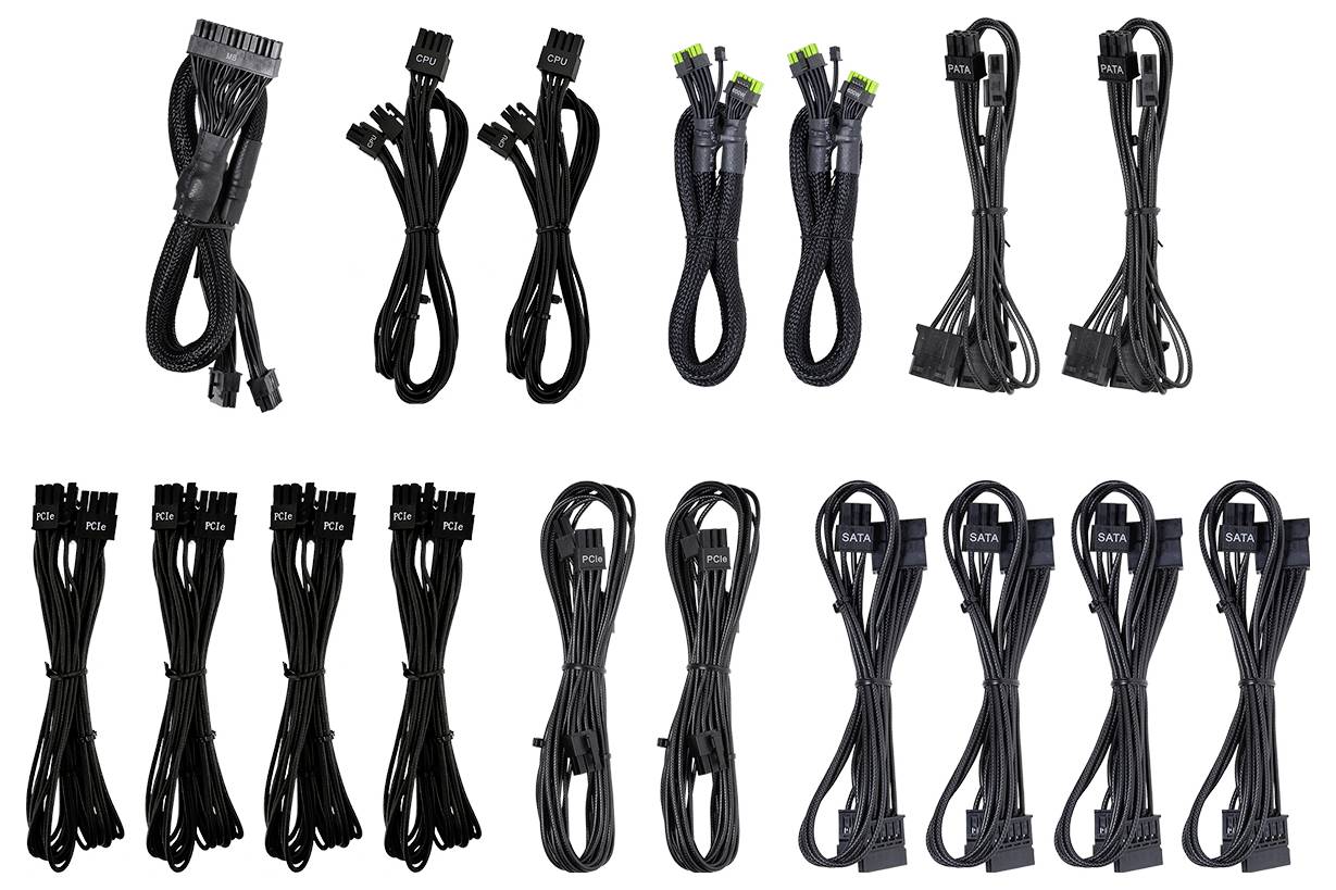 Eine Sammlung von verschiedenen schwarzen Computerkabeln, darunter Stromkabel und SATA-Kabel, aufgereiht in zwei Reihen.