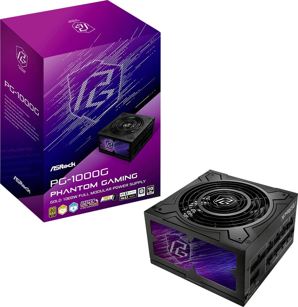 Netzteil ASRock PG-1000G Phantom Gaming, 1000 Watt, voll modular. Verpackung und Gerät abgebildet.