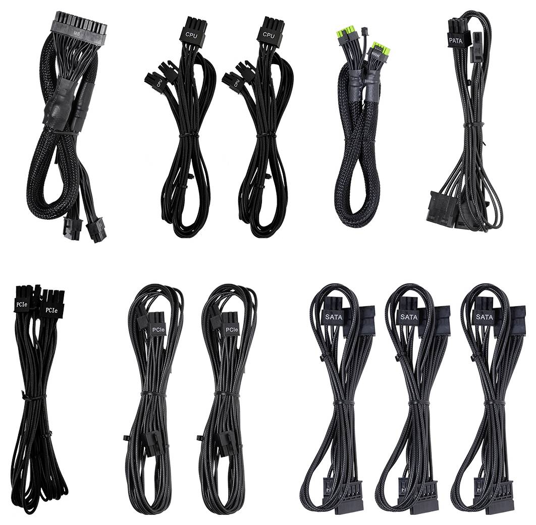 Mehrere schwarze Computerkabel in verschiedenen Konfigurationen, einschließlich CPU, PCIe, und SATA, auf weißem Hintergrund.
