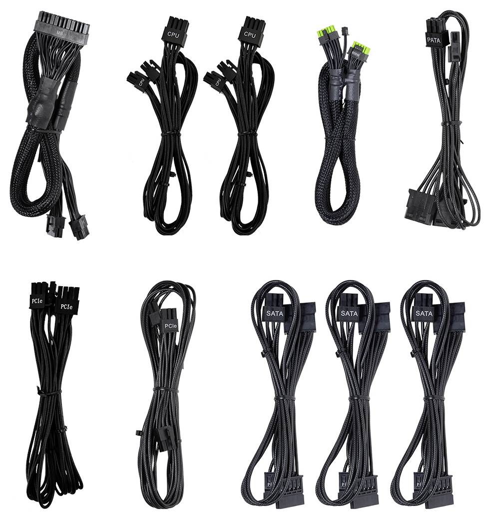 Verschiedene Computer-Netzkabelarten: ATX, CPU, PCIe, und SATA-Kabel, jeweils in unterschiedlichen Mengen und Layouts dargestellt.