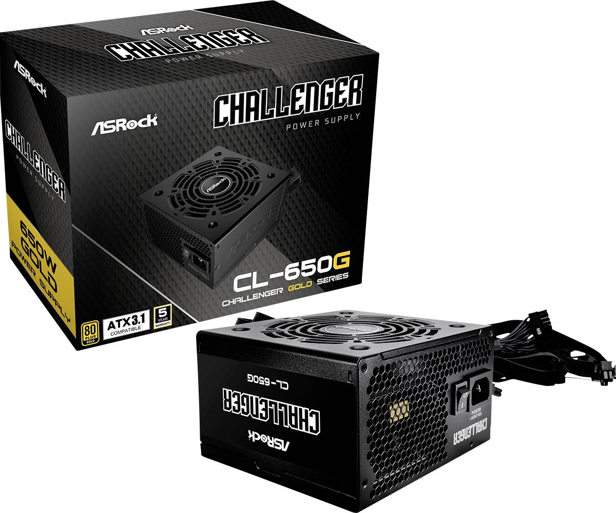 'ASRock Challenger CL-650G Gold' Netzteil mit ATX3.1, 650W Leistung und 80 Plus Gold Zertifizierung neben dazugehöriger Verpackung.