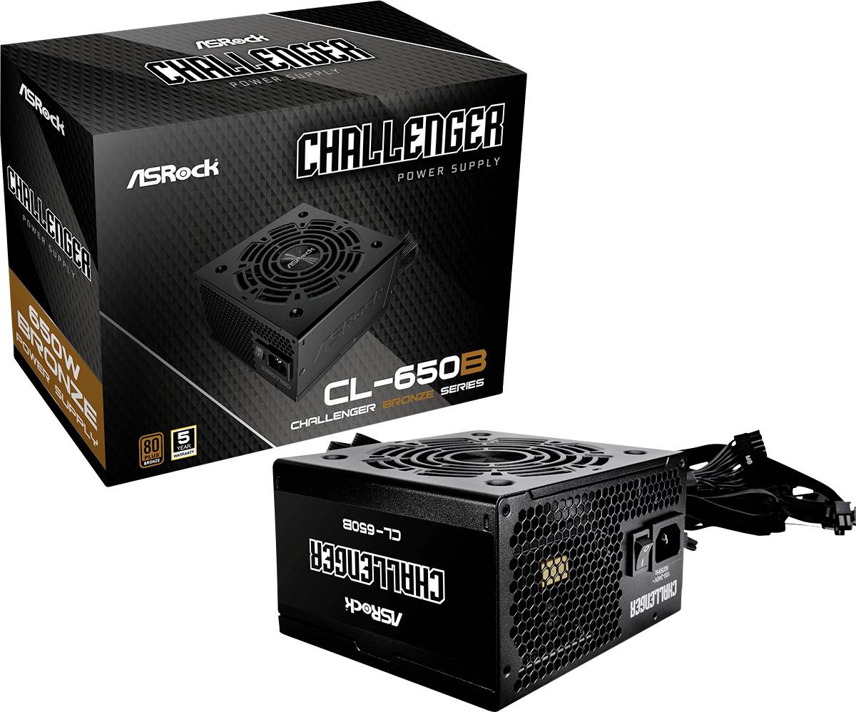 Ein schwarzes Netzteilmodell 'Challenger CL-650B' von ASRock, abgebildet vor seiner Verpackung. Es zeigt das 80-Plus-Bronze-Zertifikat.