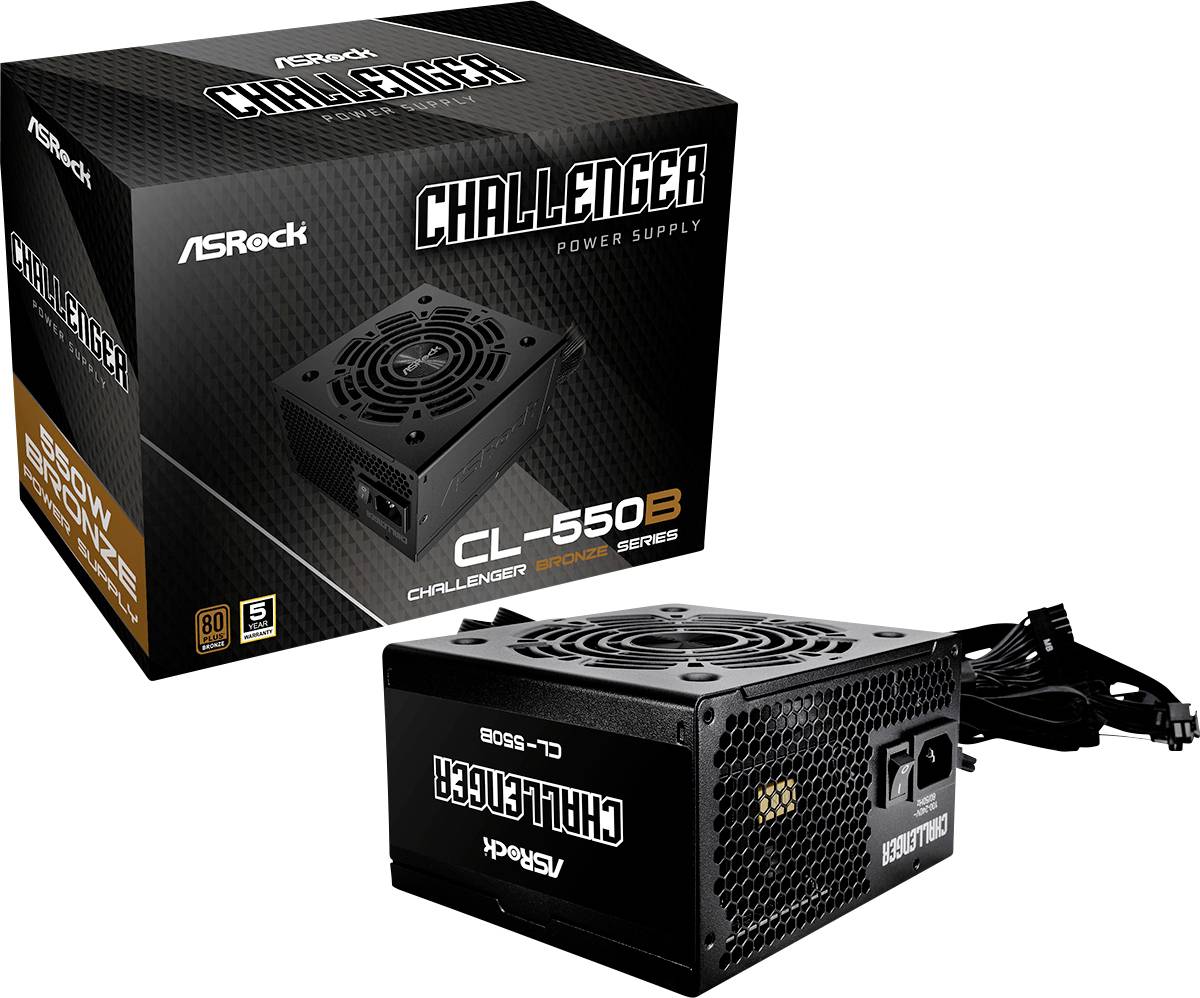 Netzteil AsRock Challenger CL-550B auf schwarzem Gehäuse und Verpackung, 550 Watt, für Computer, mit abgebildeten Steckern.
