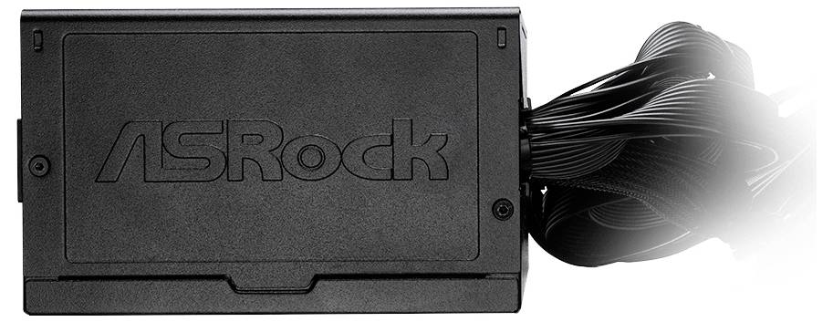 Schwarzes ASRock-Netzteil mit Kabelbündel, seitliche Ansicht.