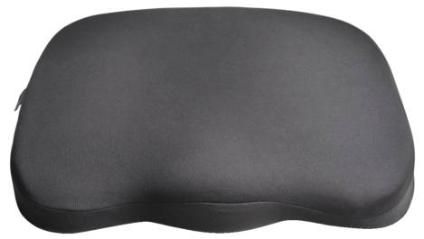 Schwarzes ergonomisches Sitzkissen mit konturierter Form zur Unterstützung von Lendenwirbelsäule und verbesserter Sitzhaltung.