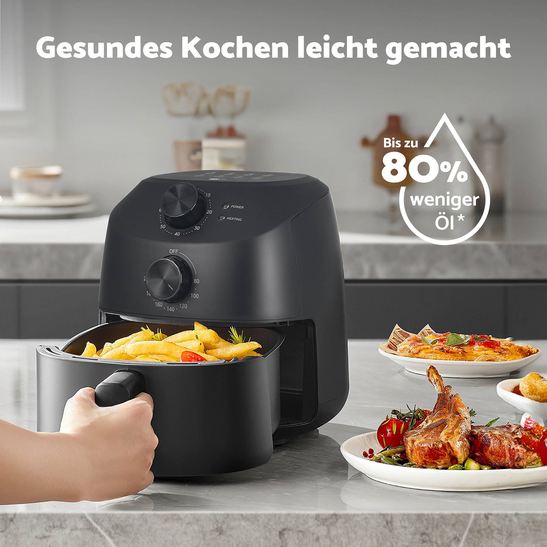 Eine Hand holt Pommes aus einer Heißluftfritteuse. Text oben: 'Gesundes Kochen leicht gemacht'. Rechts: Gerichte, 80% weniger Öl.