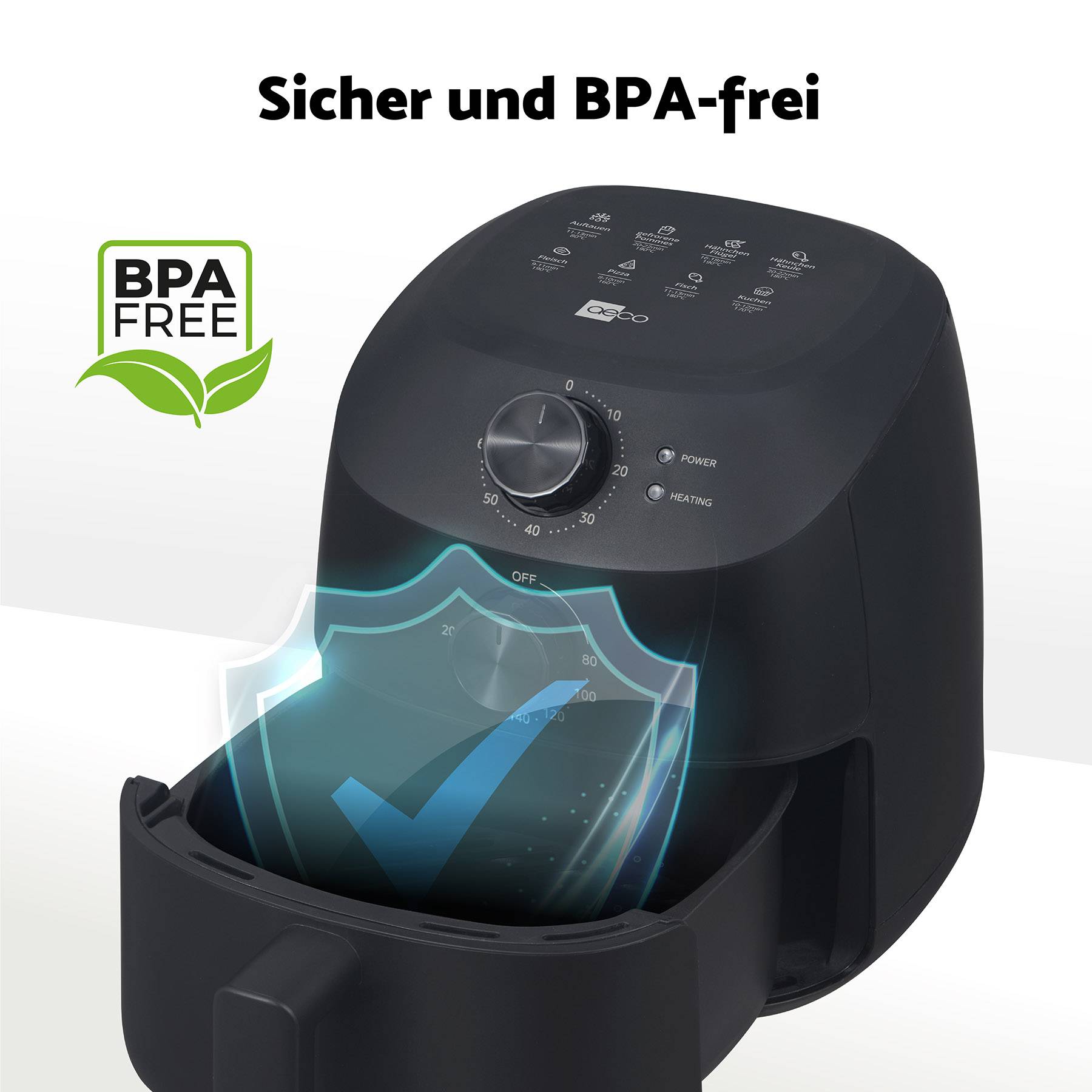 Schwarz lackierte Heißluftfritteuse mit BPA-freiem Logo, digitaler Anzeige und blauer Kontrollleuchte für sicheres Kochen.