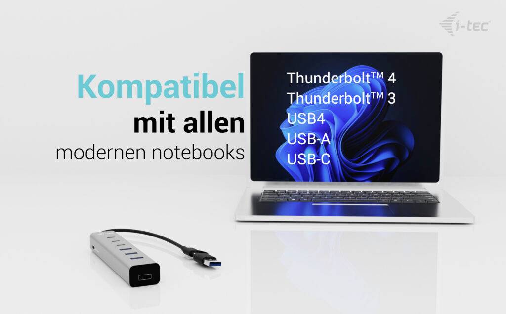 Werbung für ein USB-Hub neben einem Laptop. Text: 'Kompatibel mit allen modernen Notebooks'. Unterstützt Thunderbolt und USB-Typen.