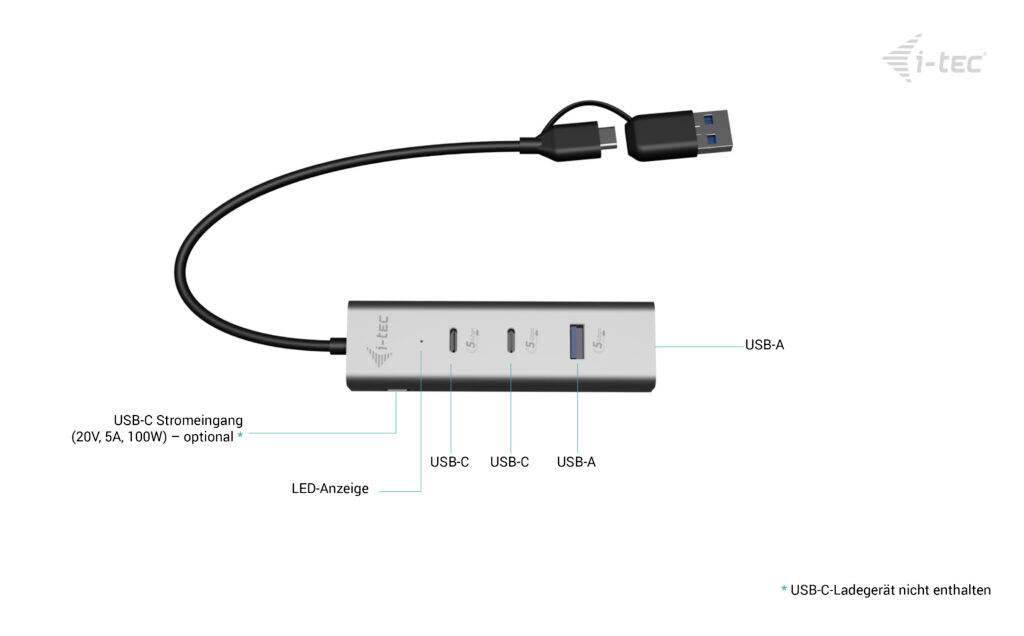 Ein USB-Hub mit einem Kabel. Der Hub hat drei Anschlüsse: einmal USB-C und zweimal USB-A. Er zeigt eine LED-Anzeige. Oben rechts ist ein Logo.