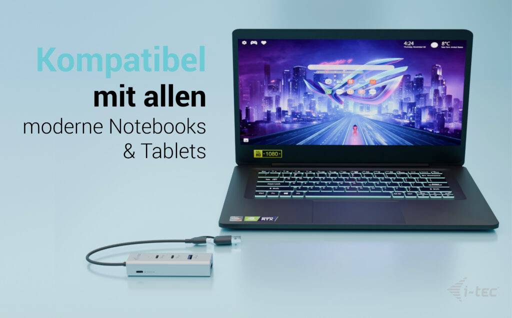 Laptop mit leuchtendem Bildschirm, verbunden mit einem Adapter. Text: 'Kompatibel mit allen modernen Notebooks & Tablets'.