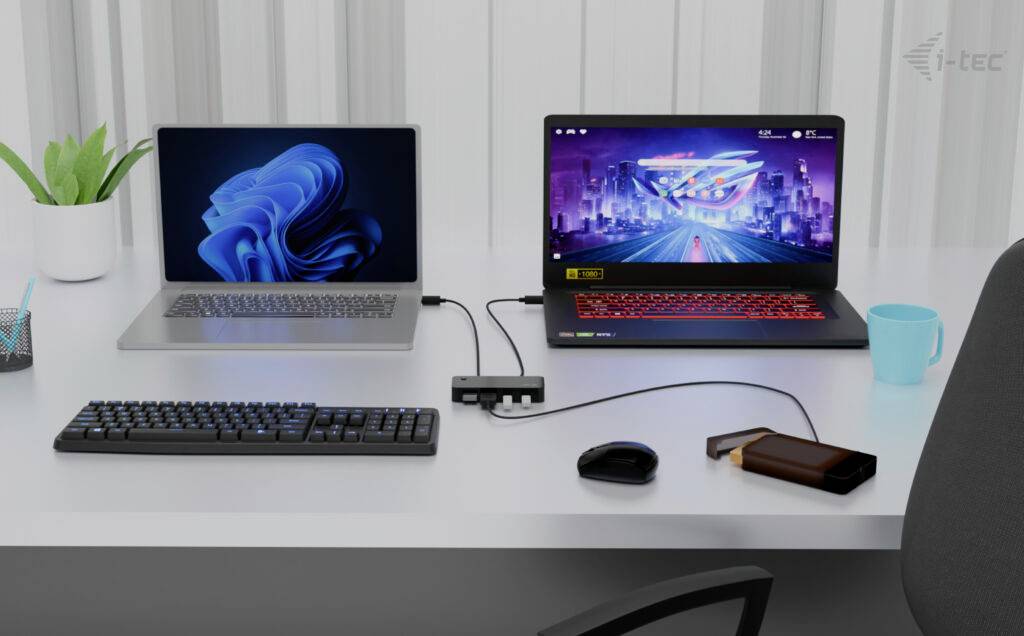 Zwei Laptops auf einem Schreibtisch, verbunden über einen USB-Hub. Daneben Tastatur, Maus, Notizbuch und eine grüne Pflanze.