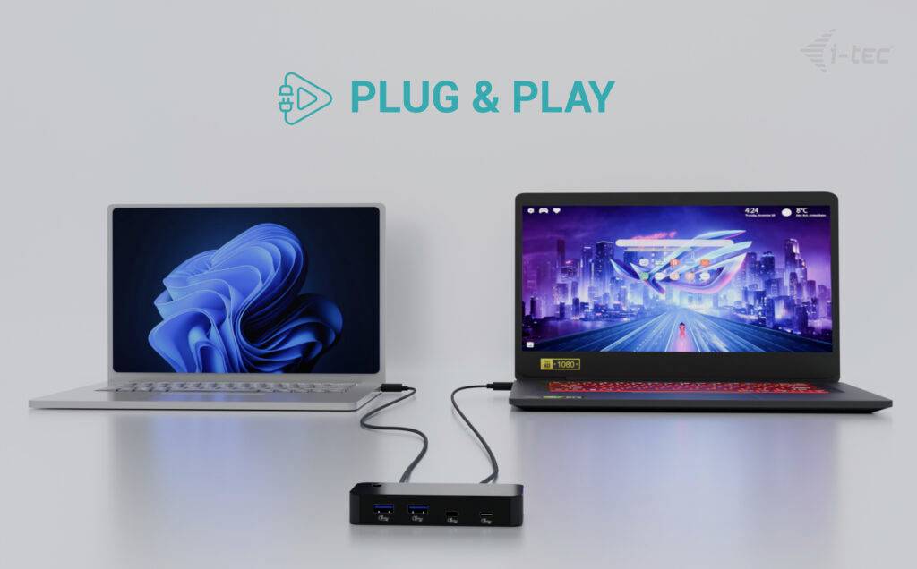 Zwei Laptops sind über ein USB-Hub verbunden. Links ist ein Laptop mit einem blauen Bildschirm, rechts ein Laptop mit farbigem Hintergrund. Oben steht 'Plug & Play'.