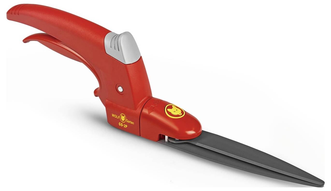 Rote und graue Grasschere mit ergonomischem Griff, schwarzem Schneidblatt und gelbem Logo auf dem Griff.