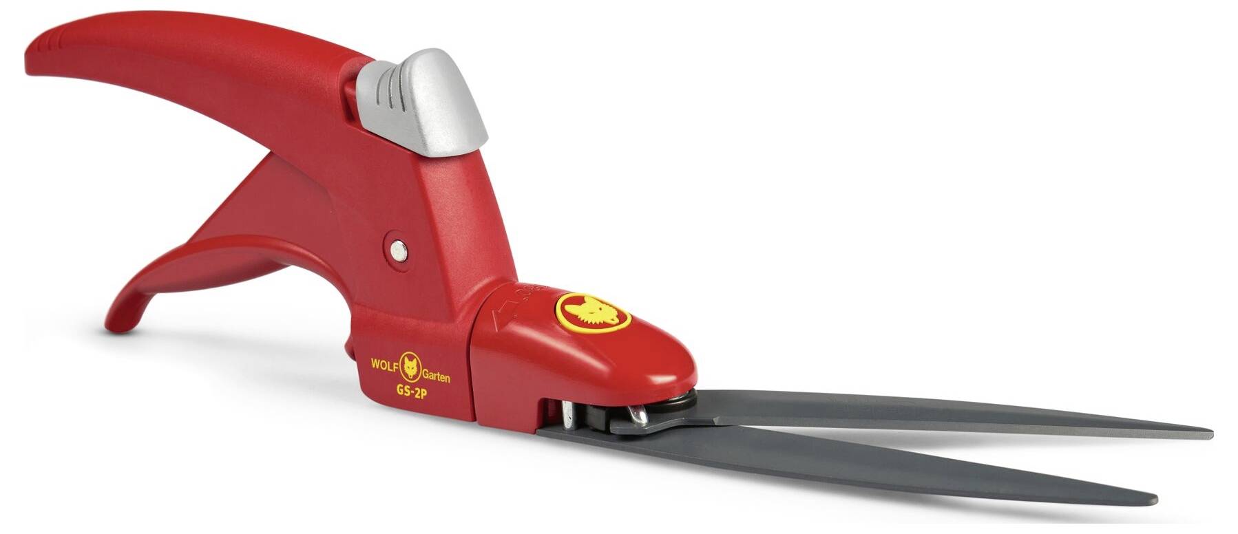 Rote Rasenschere mit ergonomischem Griff und silbernem Knopf. Geeignet zum Schneiden von Gras an schwer zugänglichen Stellen.